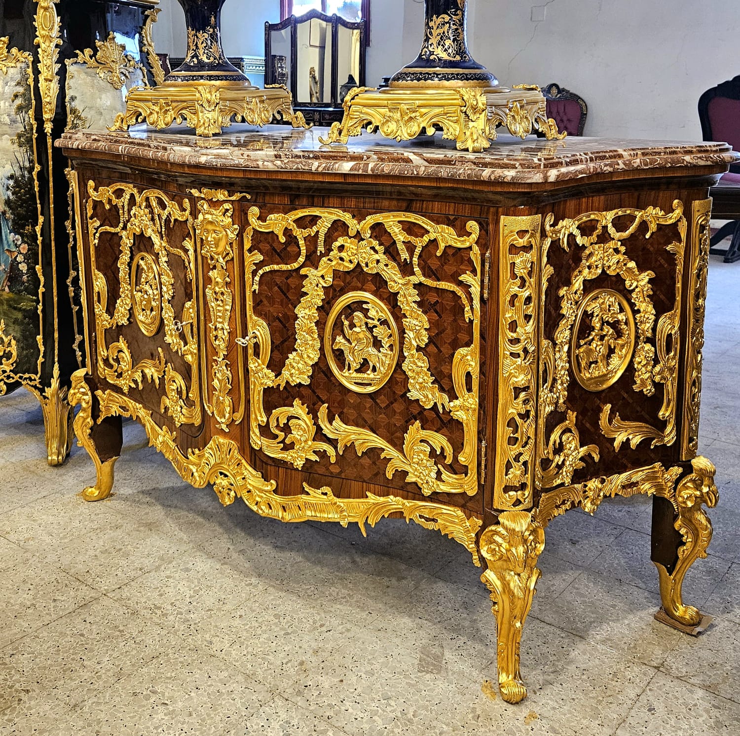 Monumental Louis XV Style Marble Top Sideboard Cabinet with Bronze Mounts & Gold Leaf Details