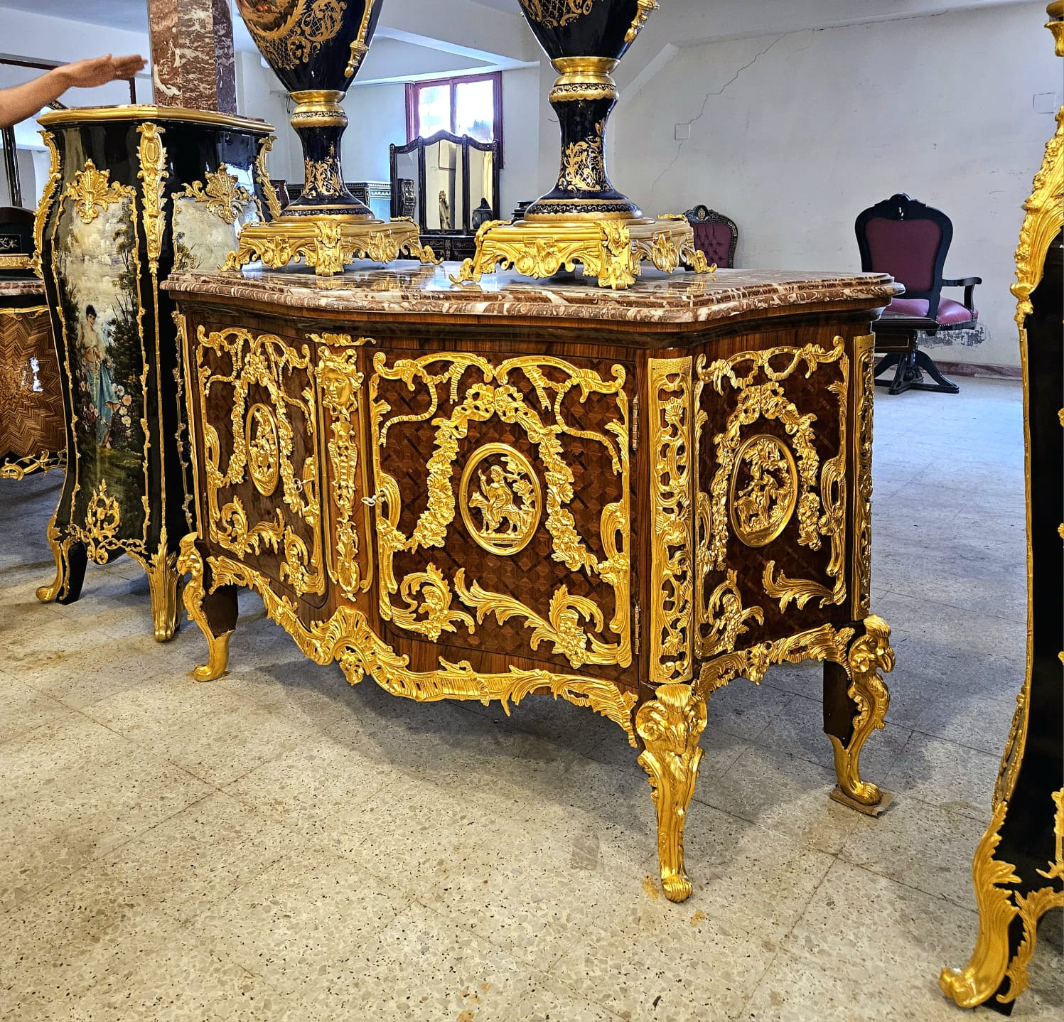 Monumental Louis XV Style Marble Top Sideboard Cabinet with Bronze Mounts & Gold Leaf Details