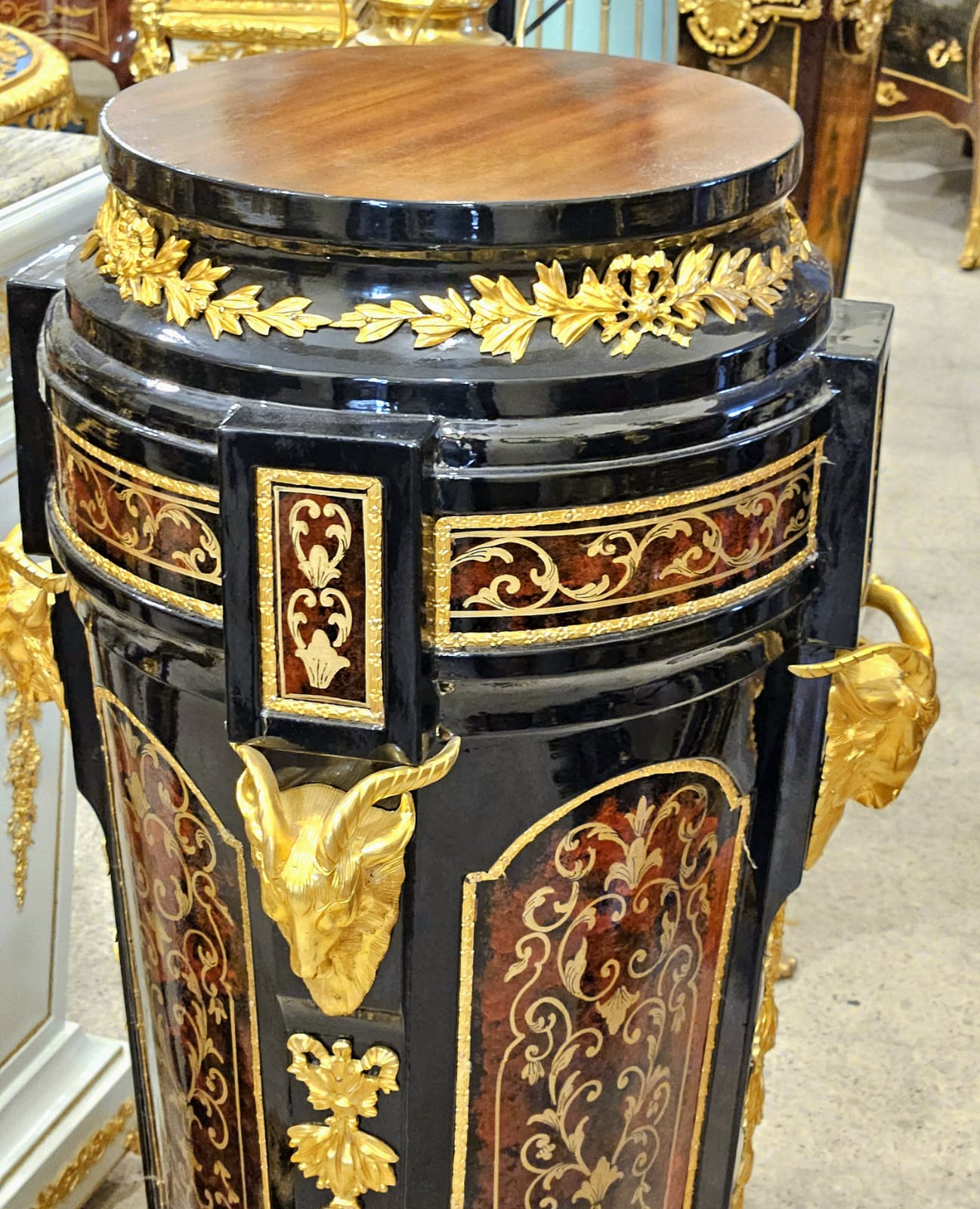 Luxury Ornate Black Wood Pedestal with Bronze Accents, Gold Leaf Details & Marble Top