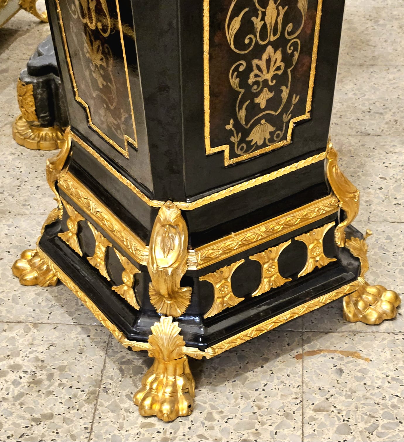 Luxury Ornate Black Wood Pedestal with Bronze Accents, Gold Leaf Details & Marble Top