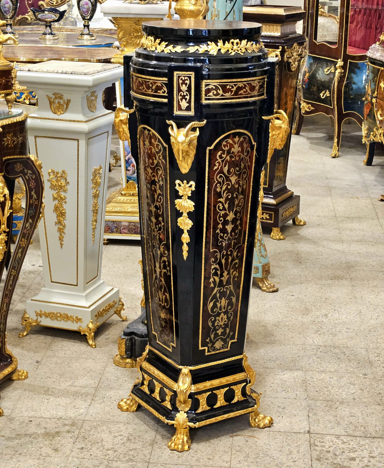 Luxury Ornate Black Wood Pedestal with Bronze Accents, Gold Leaf Details & Marble Top