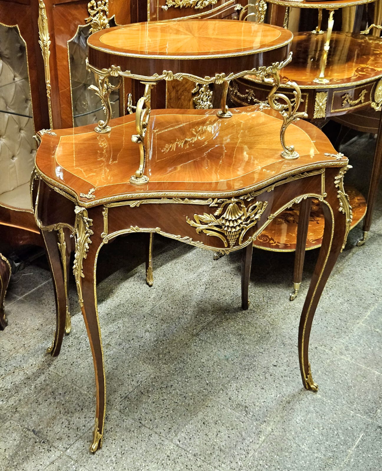 French Louis XV Two-Tier Side Table – Marquetry Accent Table with Raised Upper Shelf & Gilt Bronze Mounts