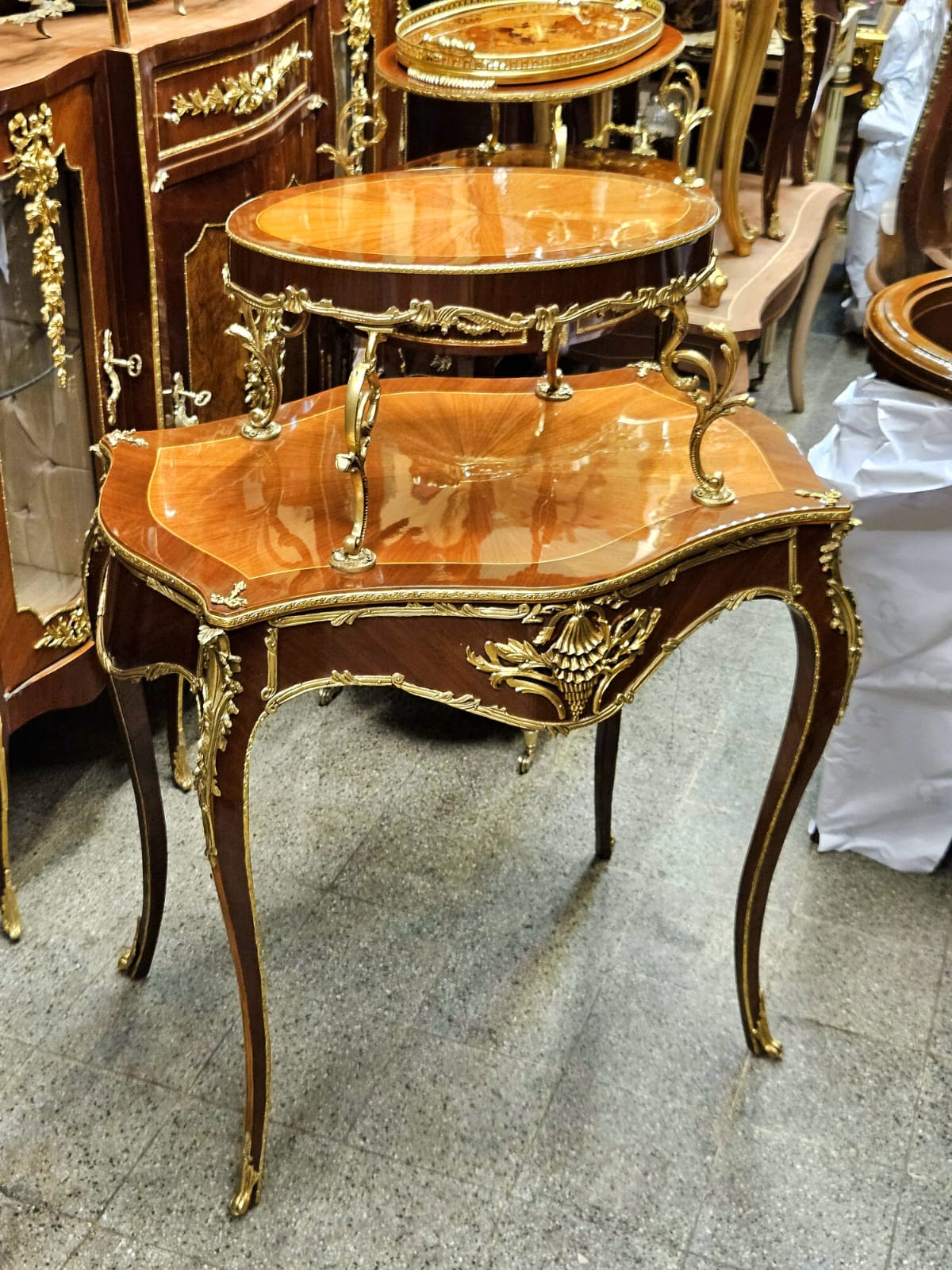 French Louis XV Two-Tier Side Table – Marquetry Accent Table with Raised Upper Shelf & Gilt Bronze Mounts