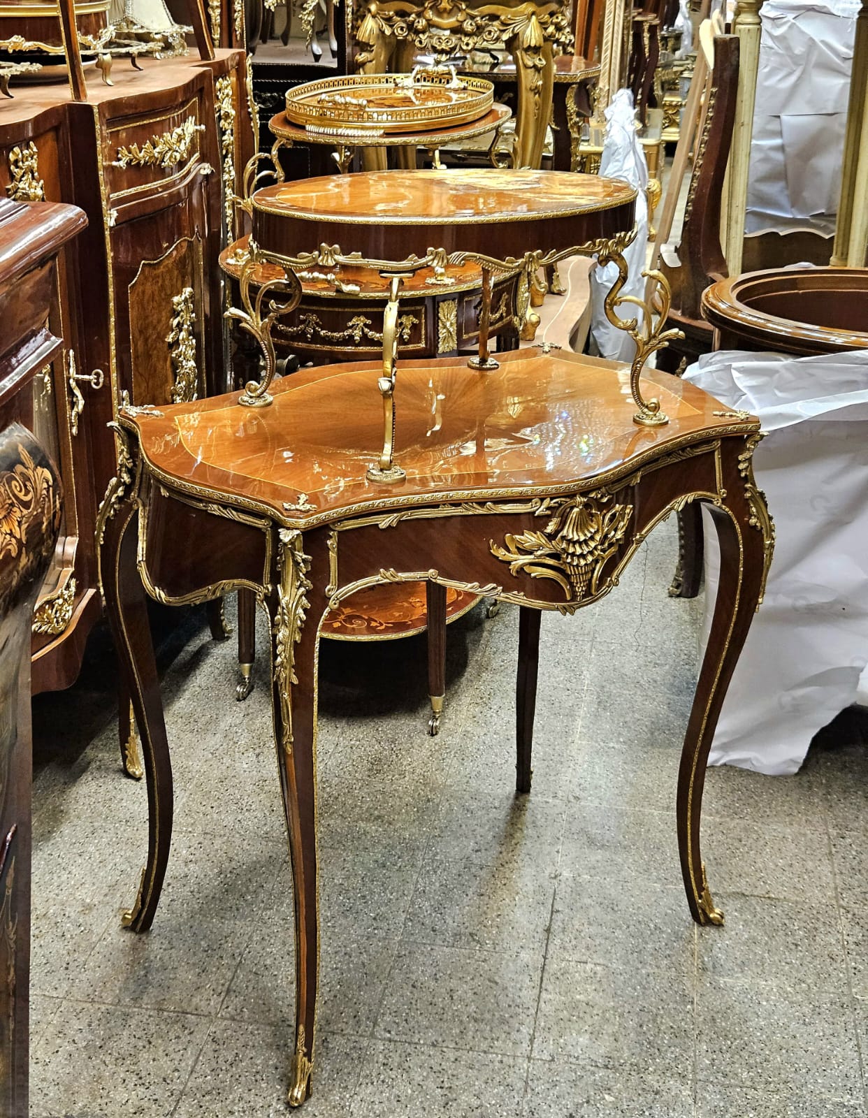 French Louis XV Two-Tier Side Table – Marquetry Accent Table with Raised Upper Shelf & Gilt Bronze Mounts