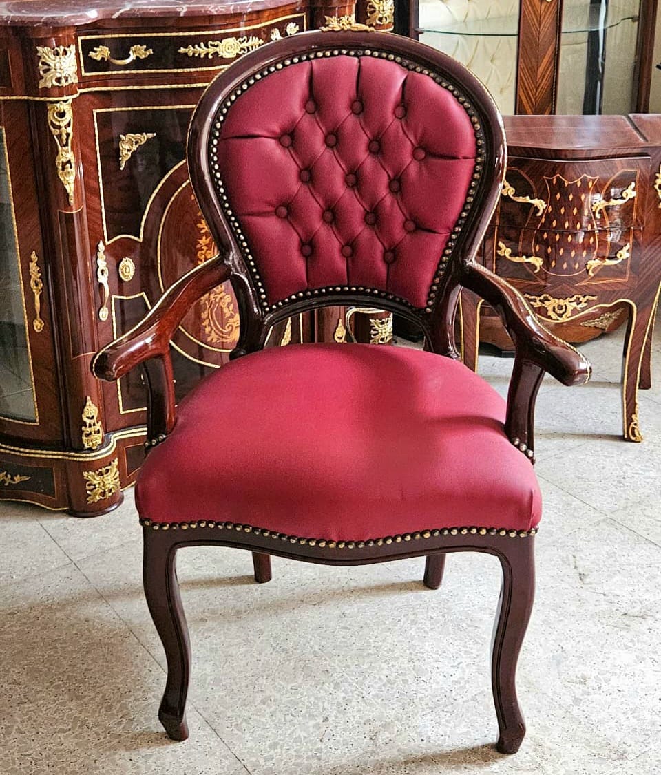 Burgundy Leather Tufted Armchair – Classic French Style Accent Chair