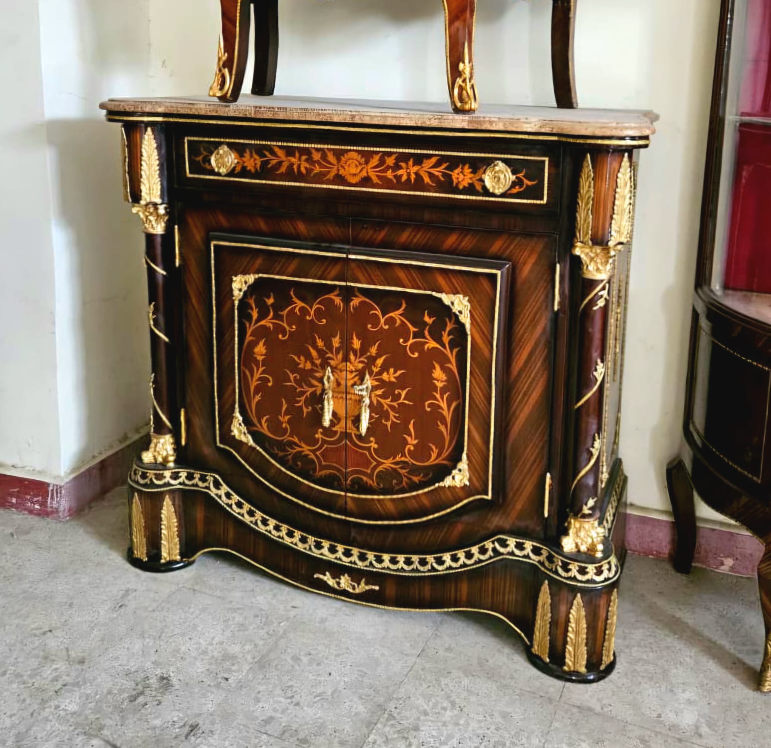 Luxury Marble Top Buffet Cabinet with Marquetry Inlay & Bronze Accents