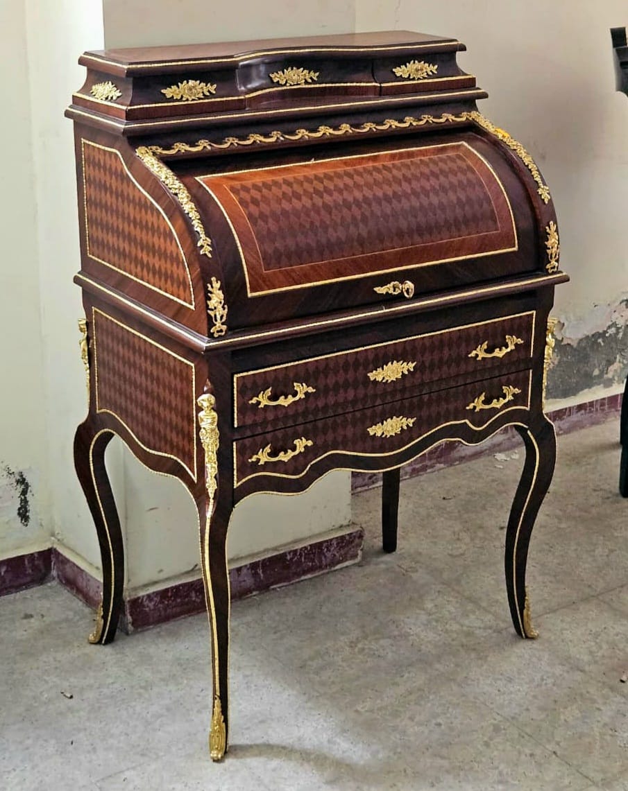 French Roll Top Secretary Desk with Marquetry Inlay & Bronze Accents
