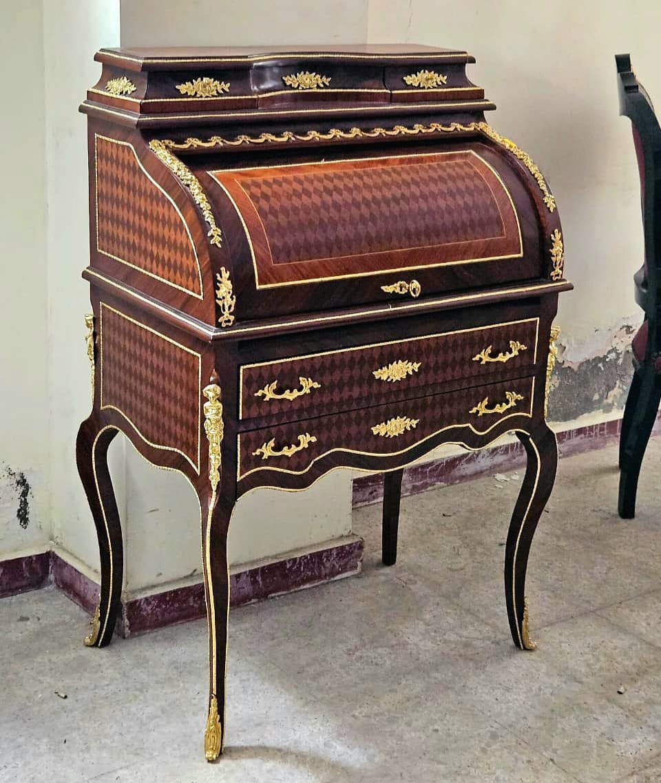 French Roll Top Secretary Desk with Marquetry Inlay & Bronze Accents
