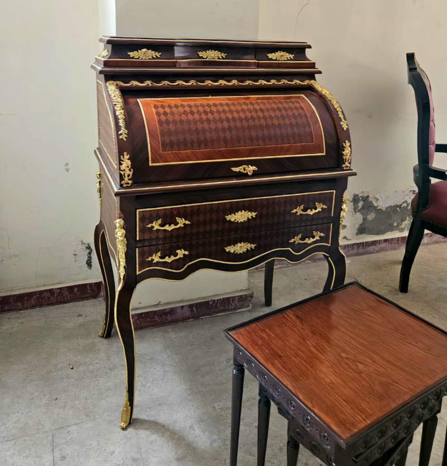 French Roll Top Secretary Desk with Marquetry Inlay & Bronze Accents