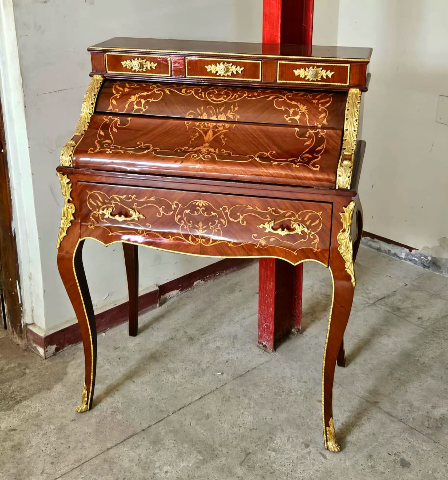 French Louis XV Roll Top Secretary Desk – Marquetry Writing Desk with Bronze Ormolu Mounts