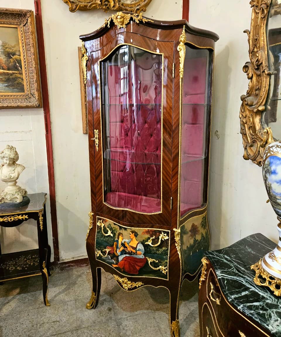 French Louis XV Style Curio Display Cabinet with Velvet Interior & Hand-Painted Drawer Panels