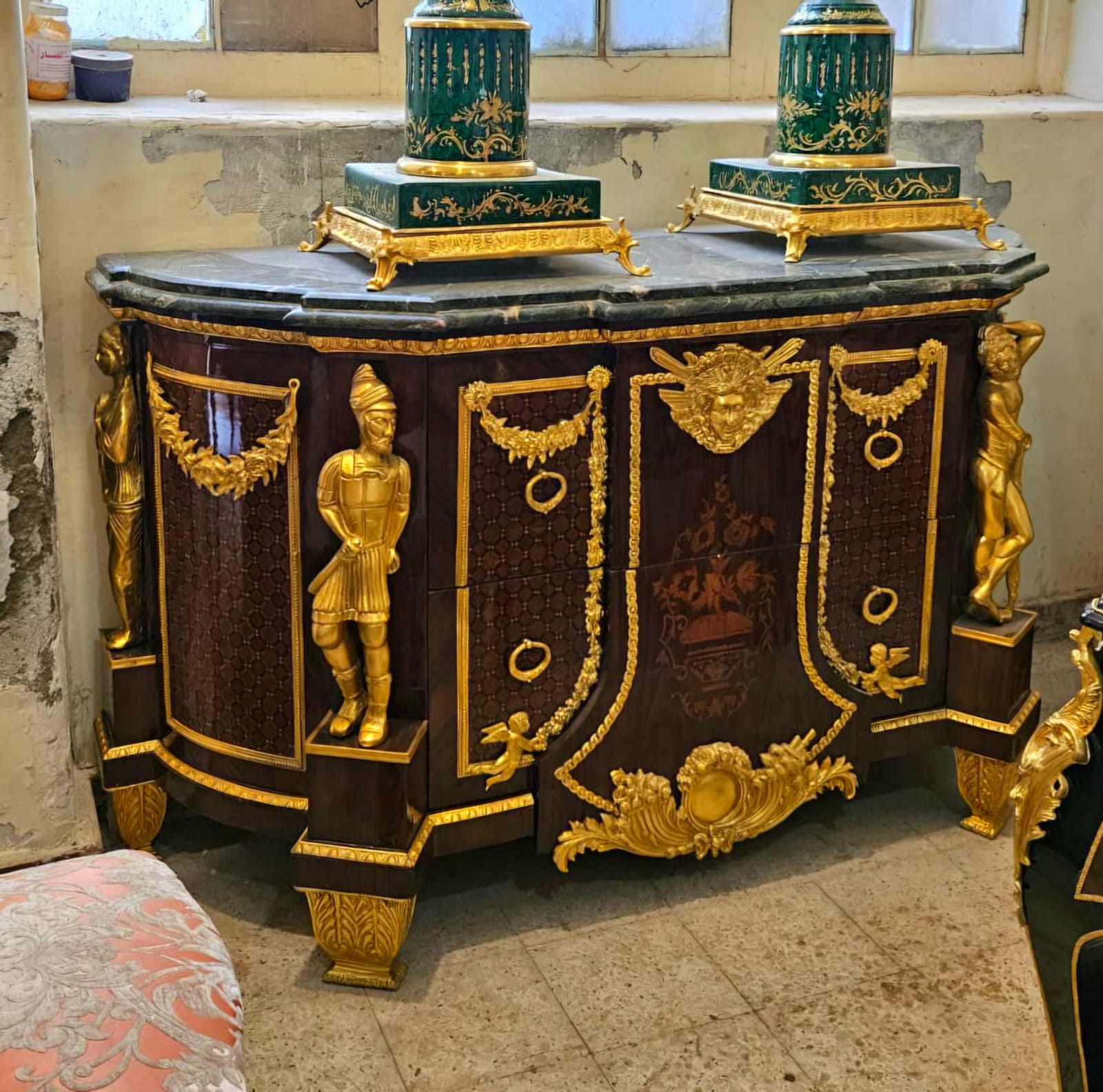 Monumental Empire Style Marble Top Sideboard Cabinet with Gilded Bronze Sculptures & Grand Storage