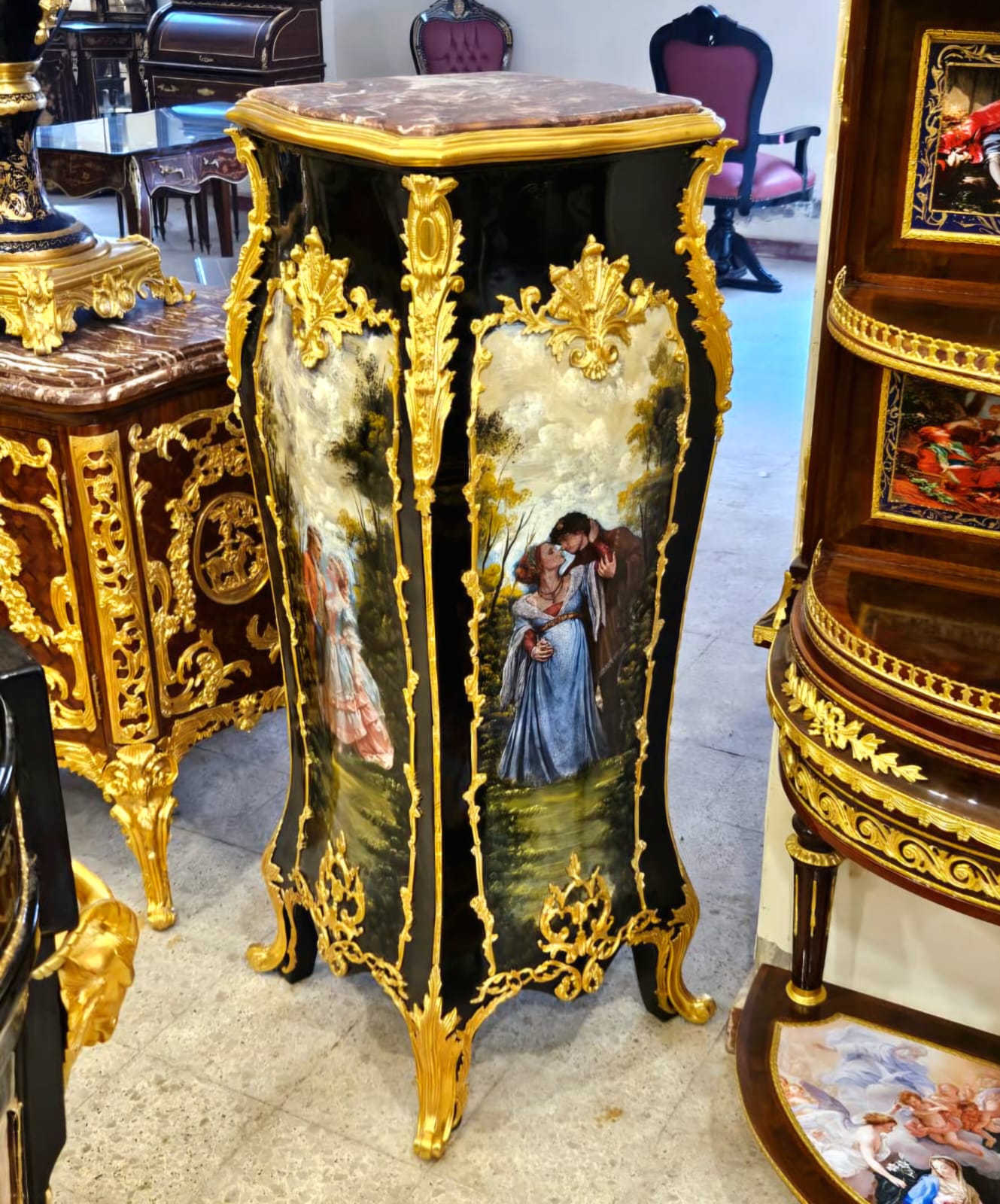 Hand-Painted French Pedestal Stand with Marble Top & Gold Leaf Accents