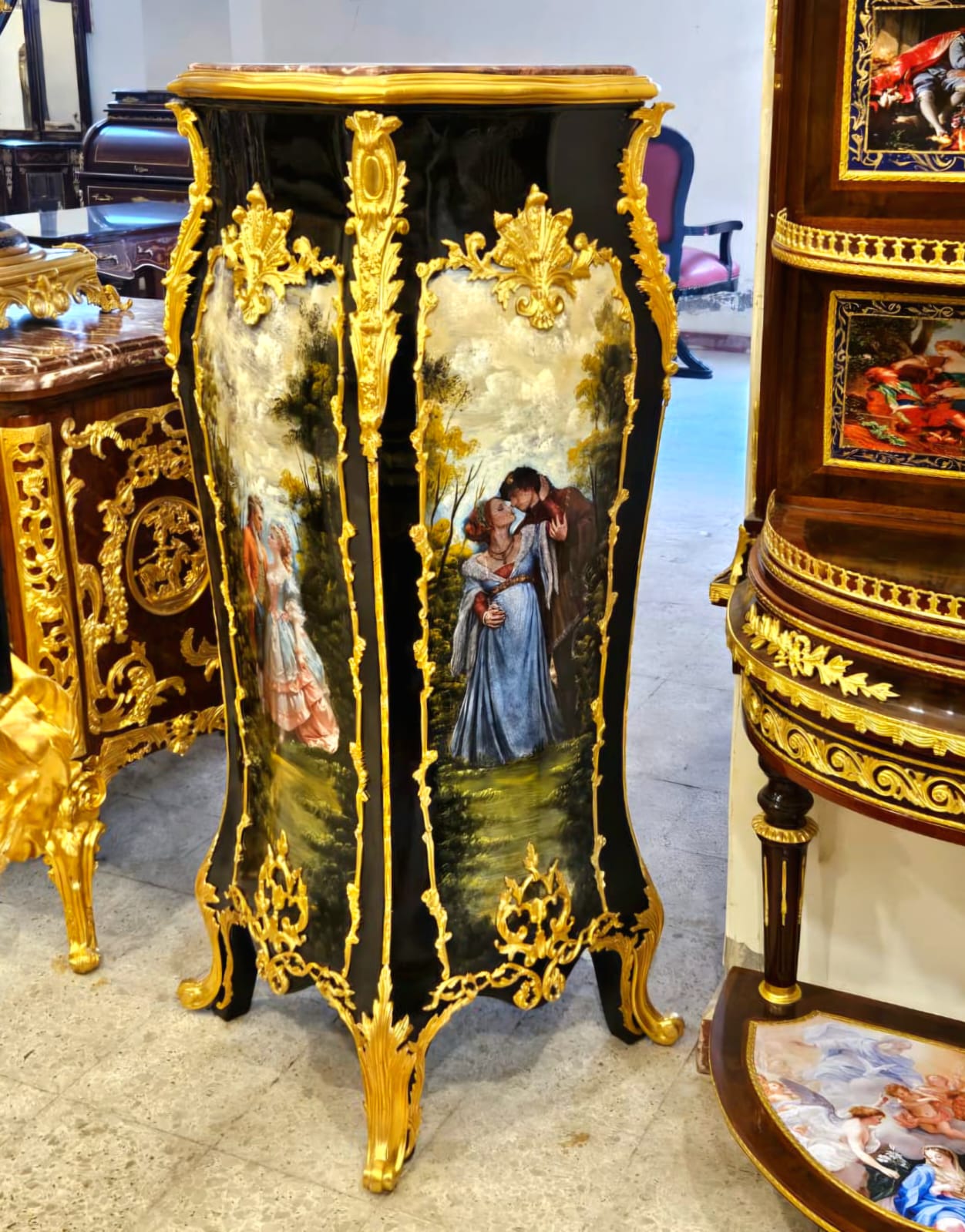Hand-Painted French Pedestal Stand with Marble Top & Gold Leaf Accents