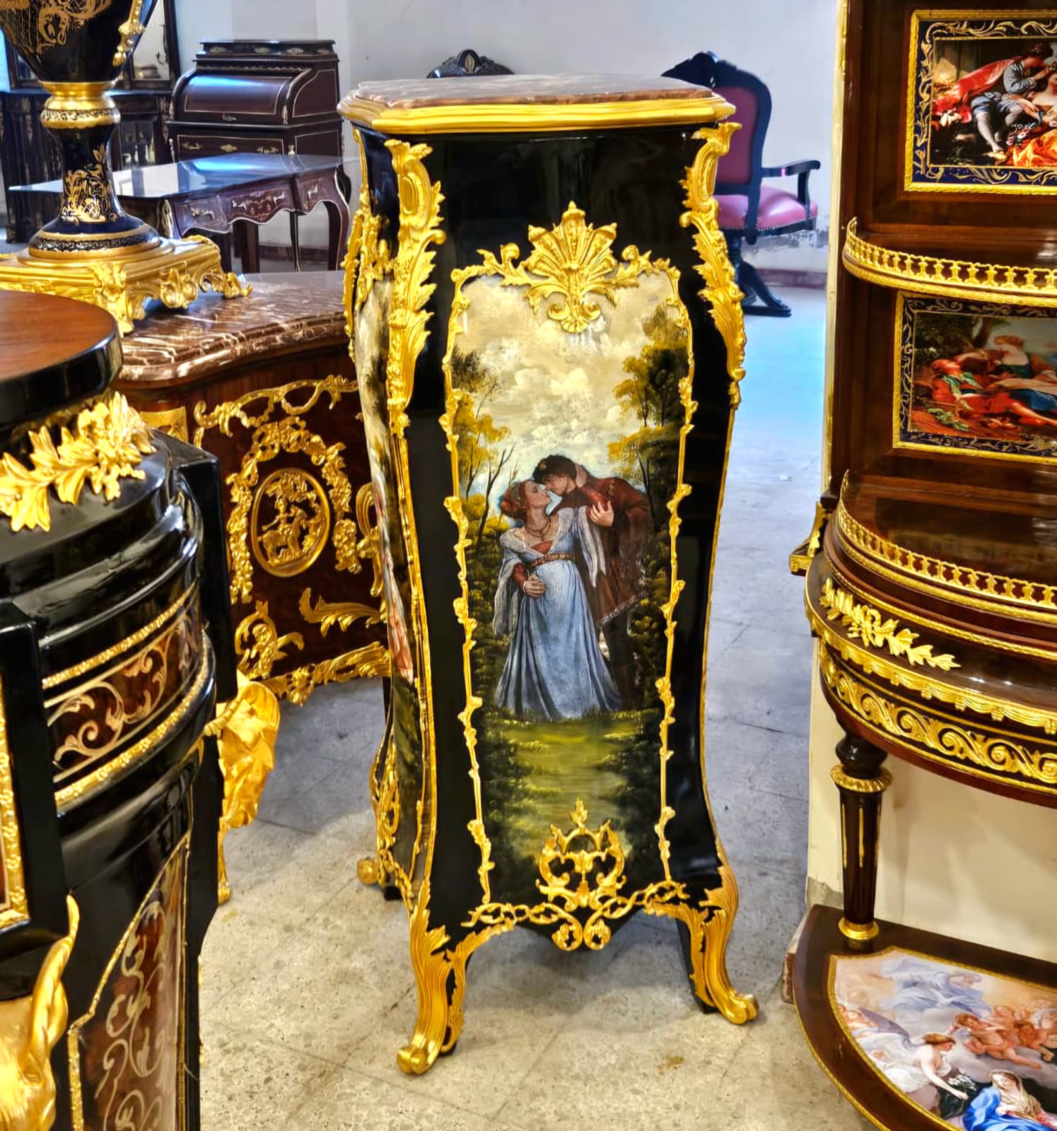 Hand-Painted French Pedestal Stand with Marble Top & Gold Leaf Accents