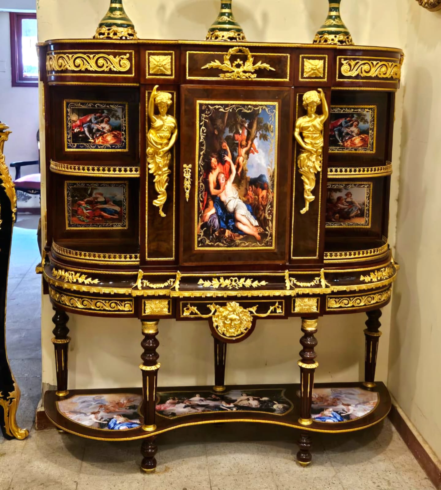 Monumental French Empire Secretary Cabinet with Hand-Painted Panels & Gold Leaf Details