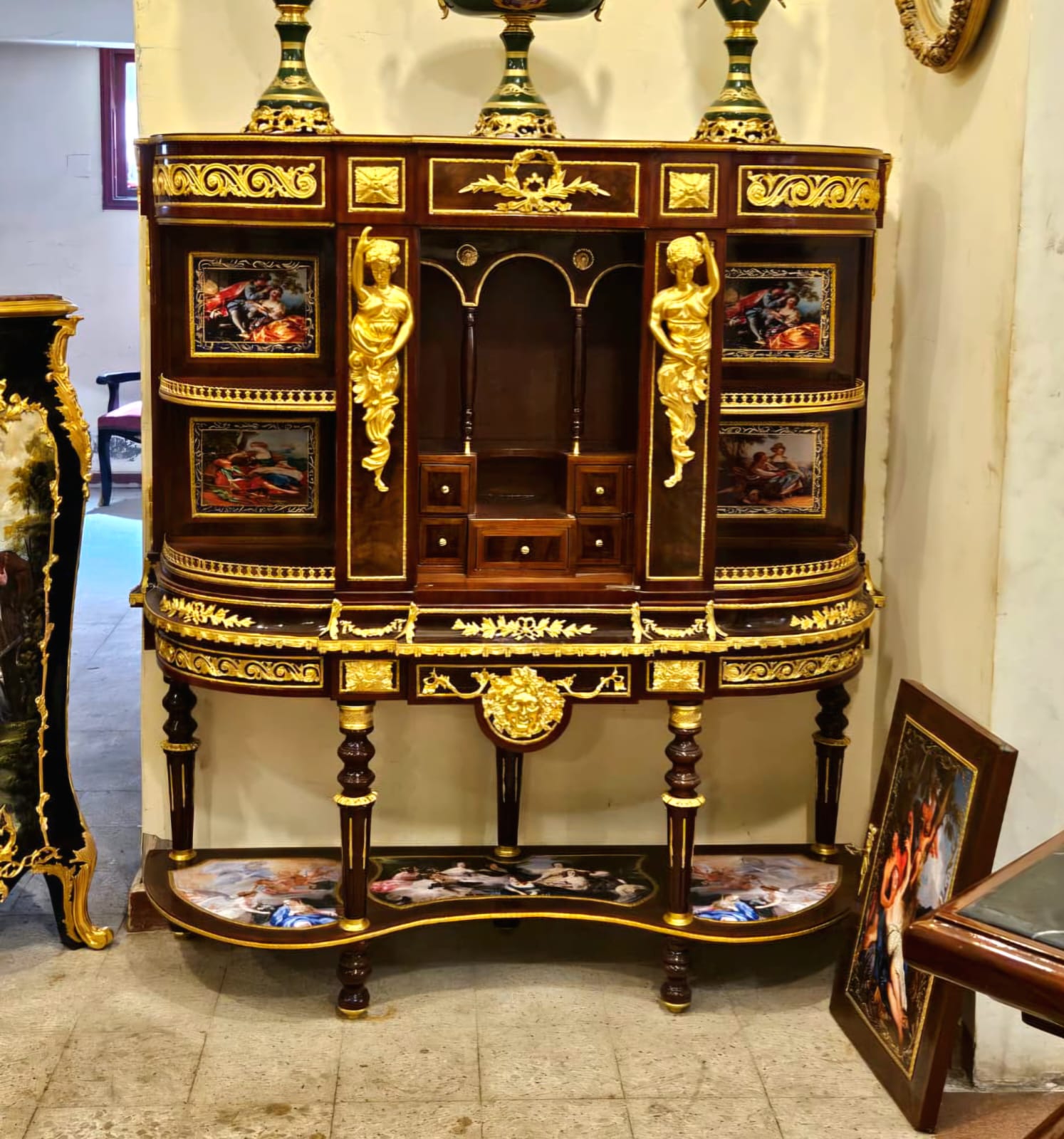 Monumental French Empire Secretary Cabinet with Hand-Painted Panels & Gold Leaf Details