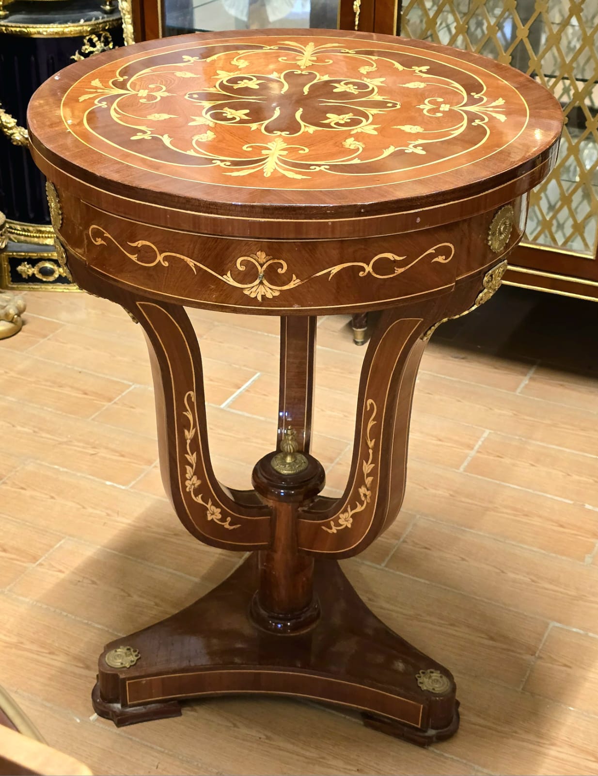 French Empire Round Accent Table – Marquetry Inlaid Center Table with Pedestal Base
