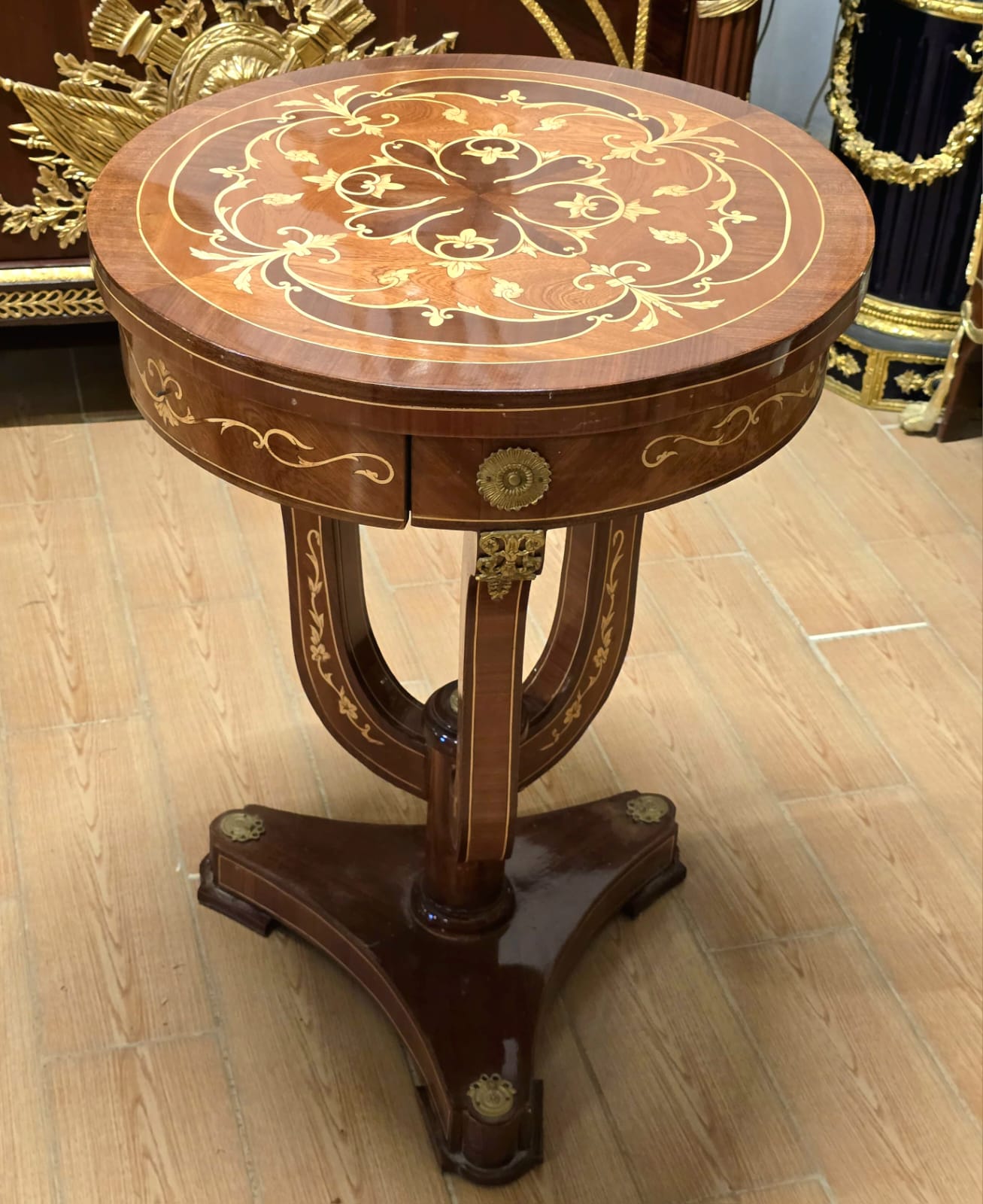 French Empire Round Accent Table – Marquetry Inlaid Center Table with Pedestal Base