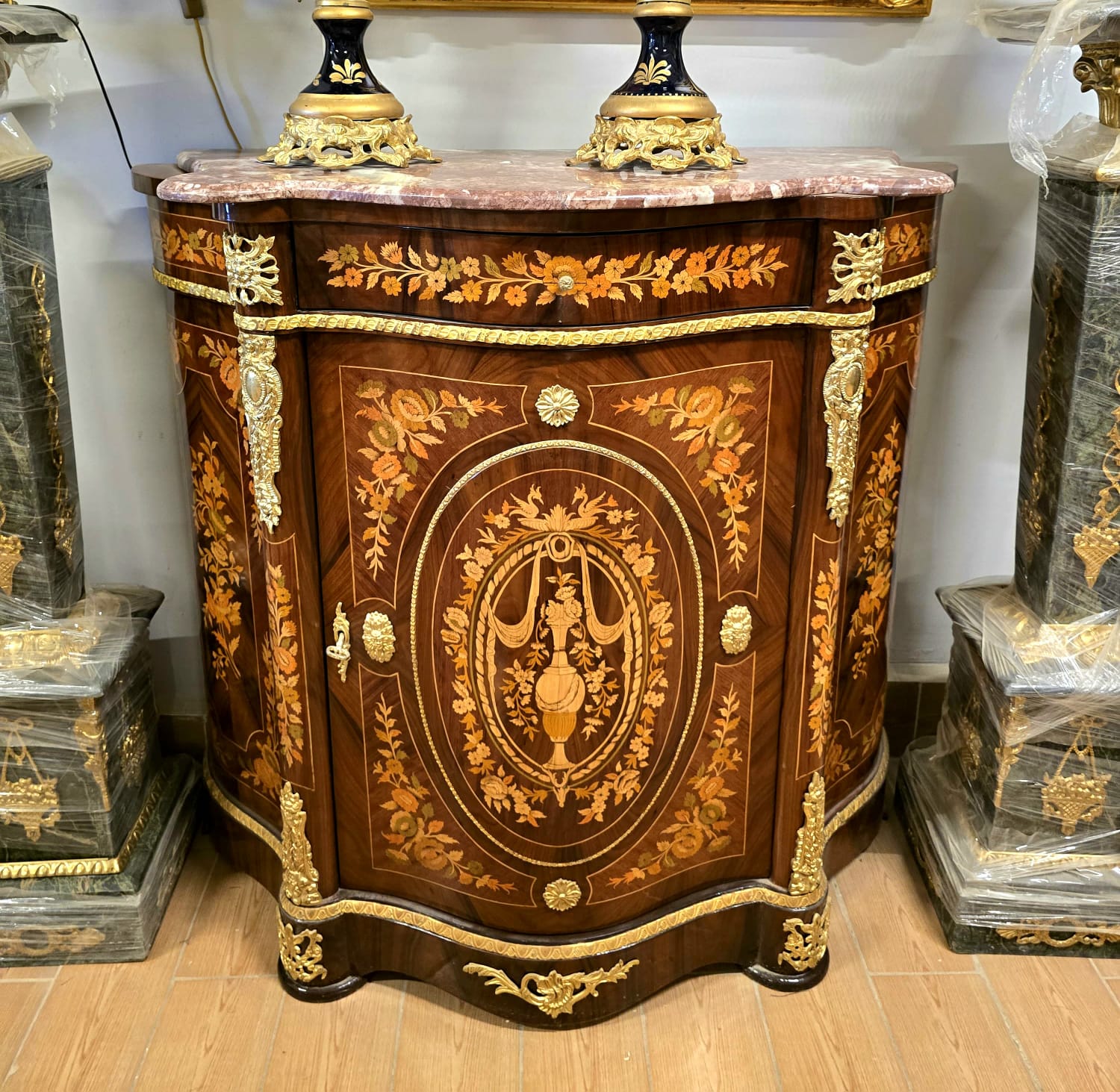 French Marquetry Cabinet with Marble Top – Floral Inlay Accent Chest with Gilt Bronze Mounts