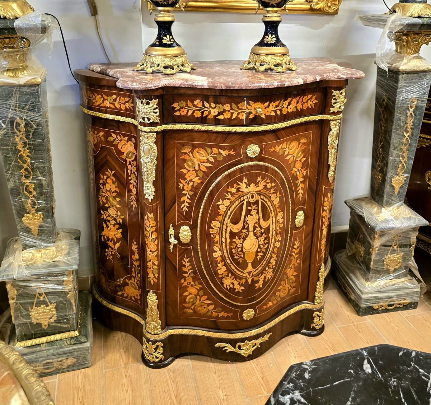 French Marquetry Cabinet with Marble Top – Floral Inlay Accent Chest with Gilt Bronze Mounts