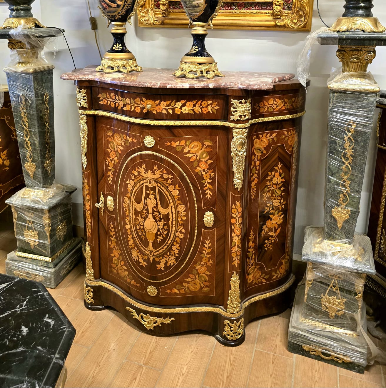 French Marquetry Cabinet with Marble Top – Floral Inlay Accent Chest with Gilt Bronze Mounts