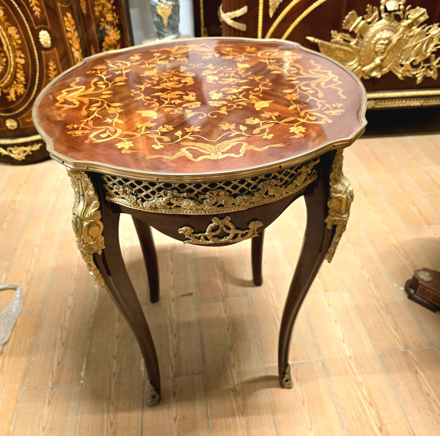 French Louis XV Accent Table – Marquetry Top with Bronze Ormolu Mounts