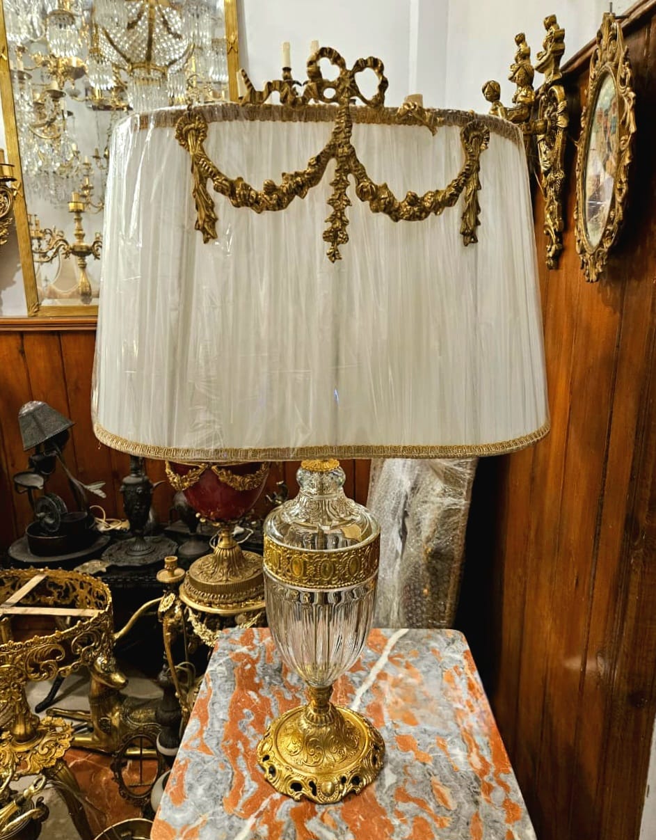 Luxury French Empire Crystal Table Lamp – Cut Glass & Gilded Bronze with Pleated Shade