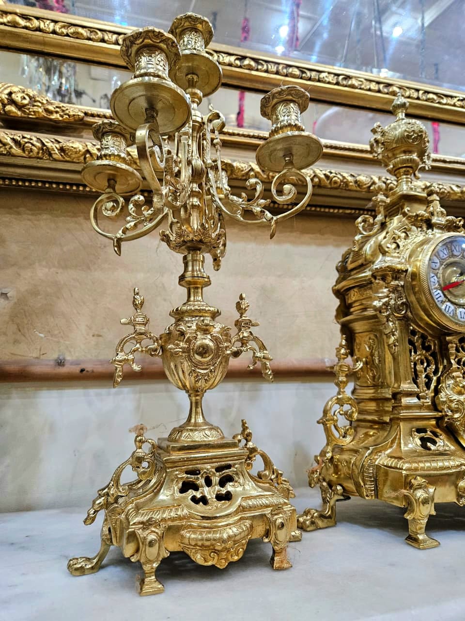 French Rococo Mantel Clock Garniture with Gilded Bronze Candelabras
