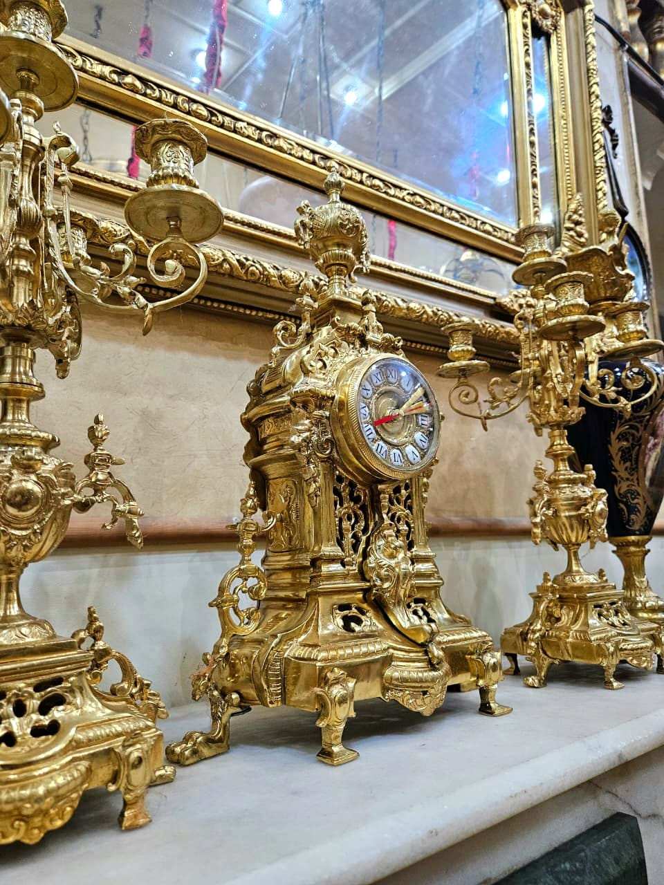 French Rococo Mantel Clock Garniture with Gilded Bronze Candelabras