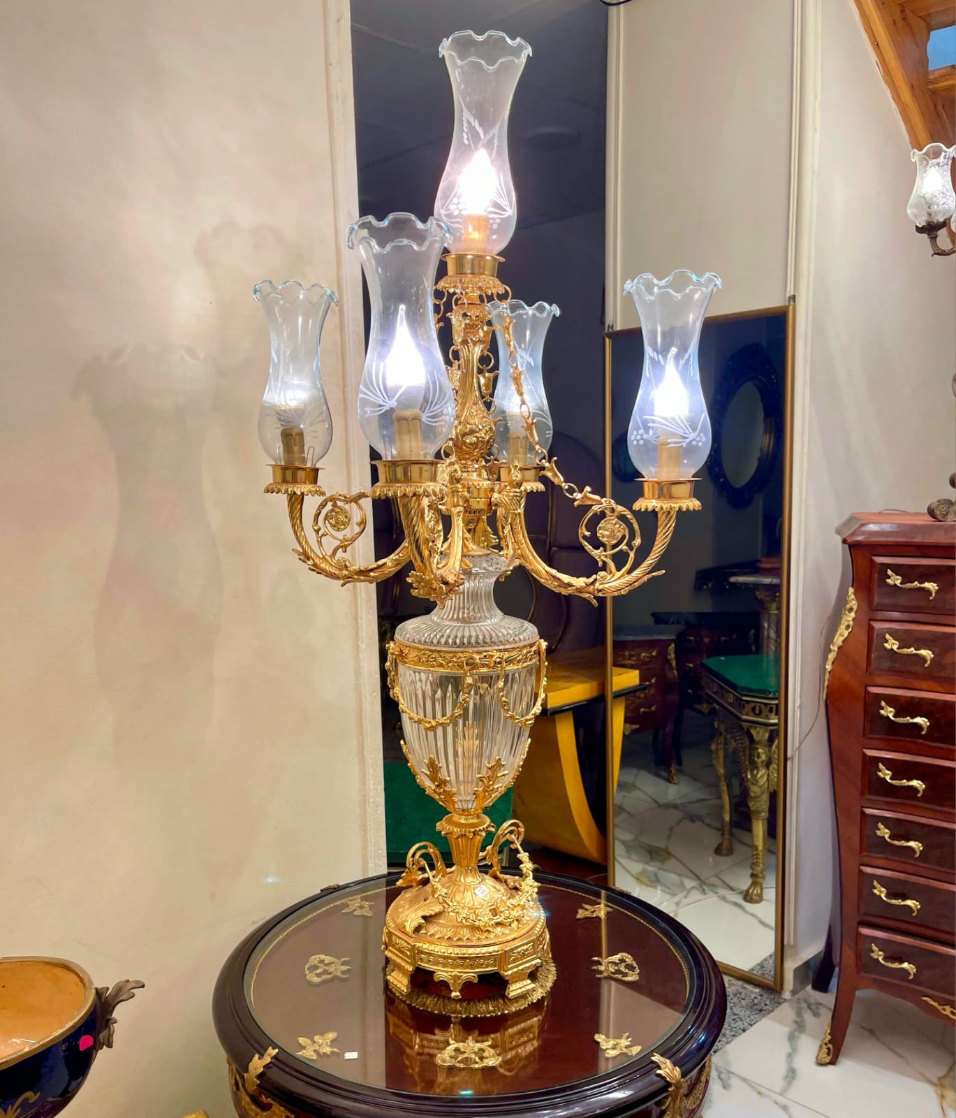 Luxury French Empire Crystal Candelabra Table Lamp – 5 Light Gilt Bronze Centerpiece