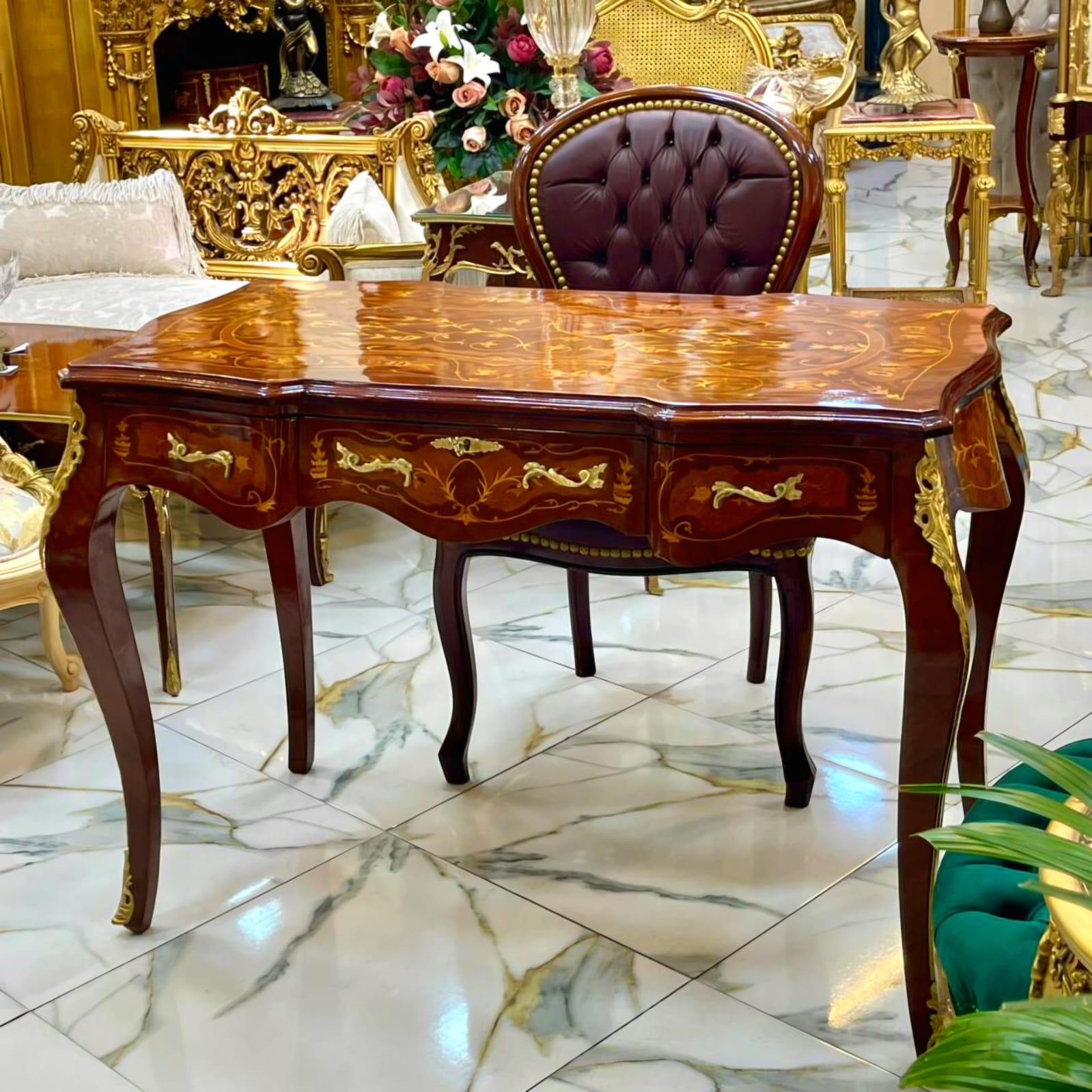 Luxury French Writing Desk with Floral Marquetry – Louis XV Executive Desk with Bronze Mounts