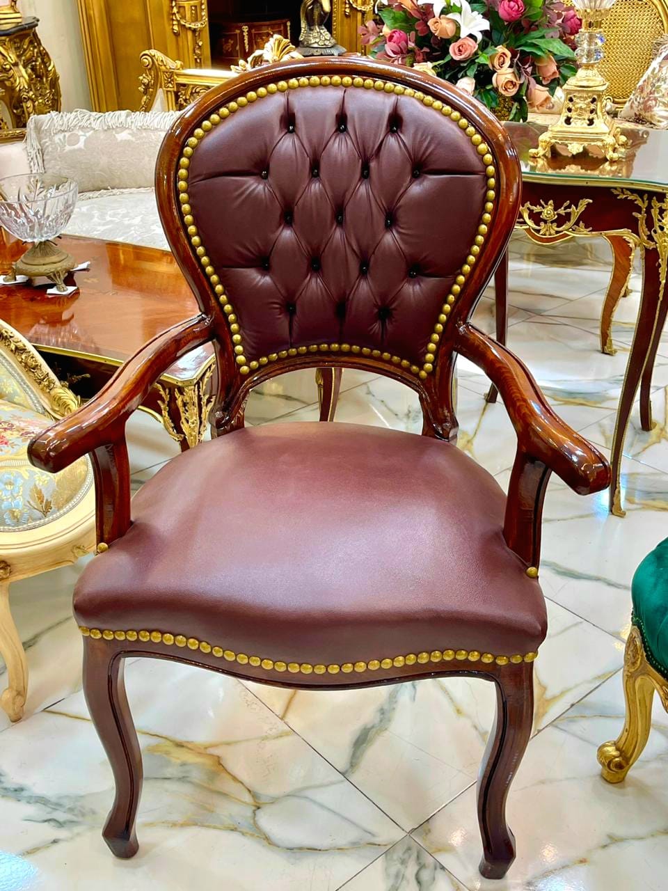 Brown Leather Tufted Armchair – Classic French Style Accent Chair
