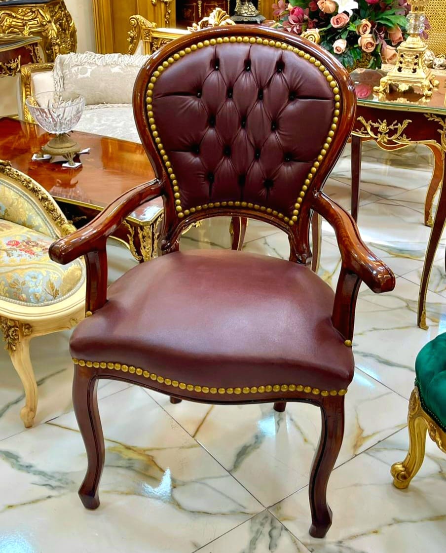 Brown Leather Tufted Armchair – Classic French Style Accent Chair