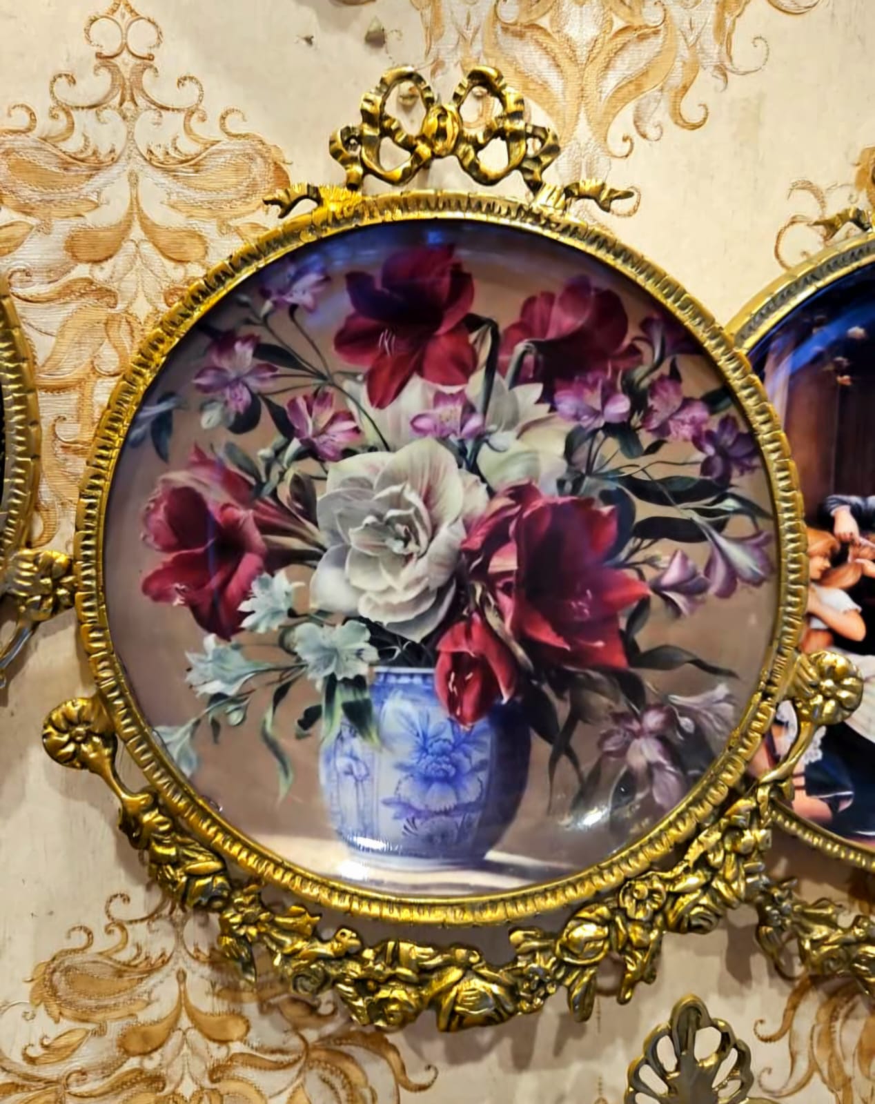 French Floral Porcelain Wall Plaque – Hand-Painted Bouquet with Gilt Bronze Frame