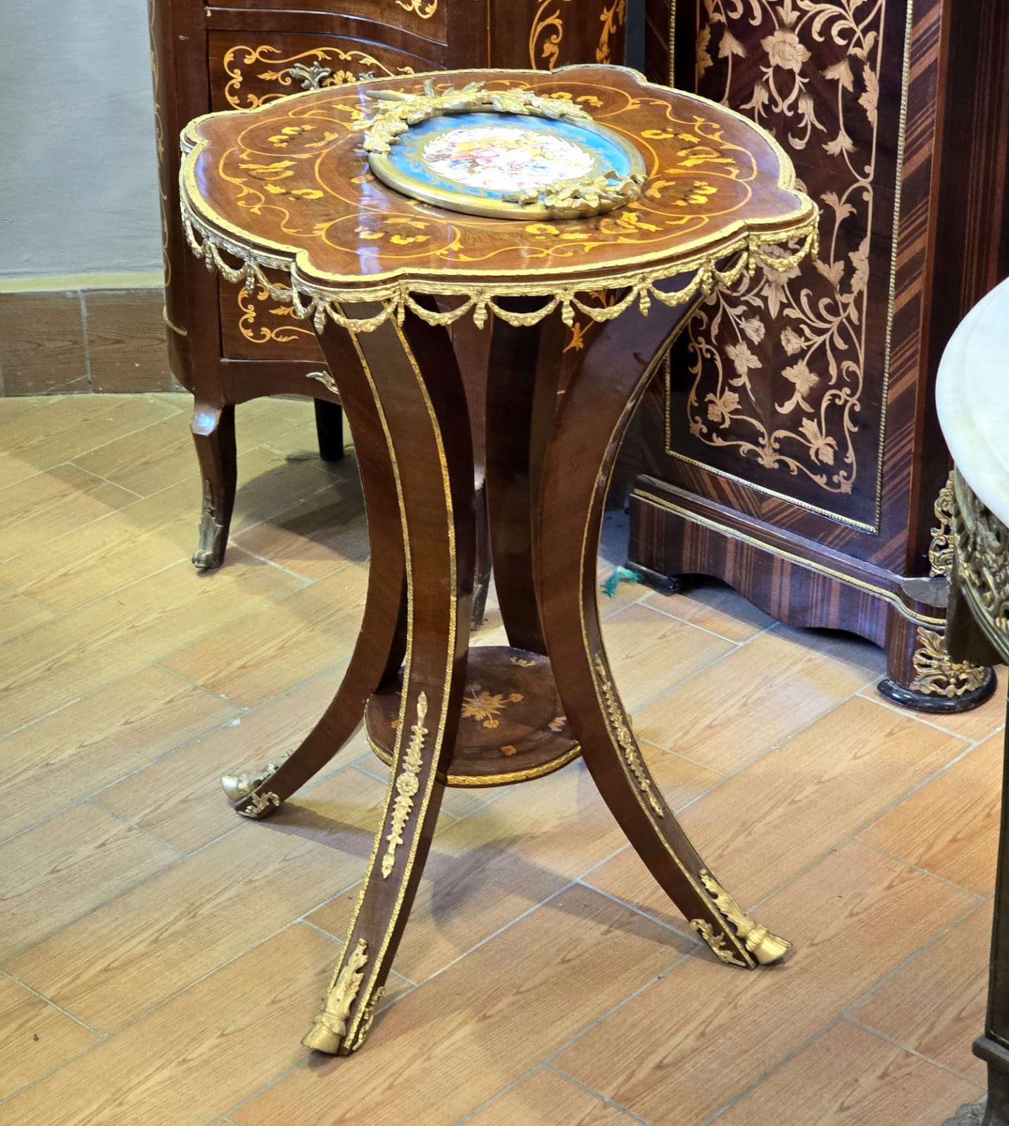 French Empire Center Table with Marquetry Inlay & Gilt Bronze Gallery