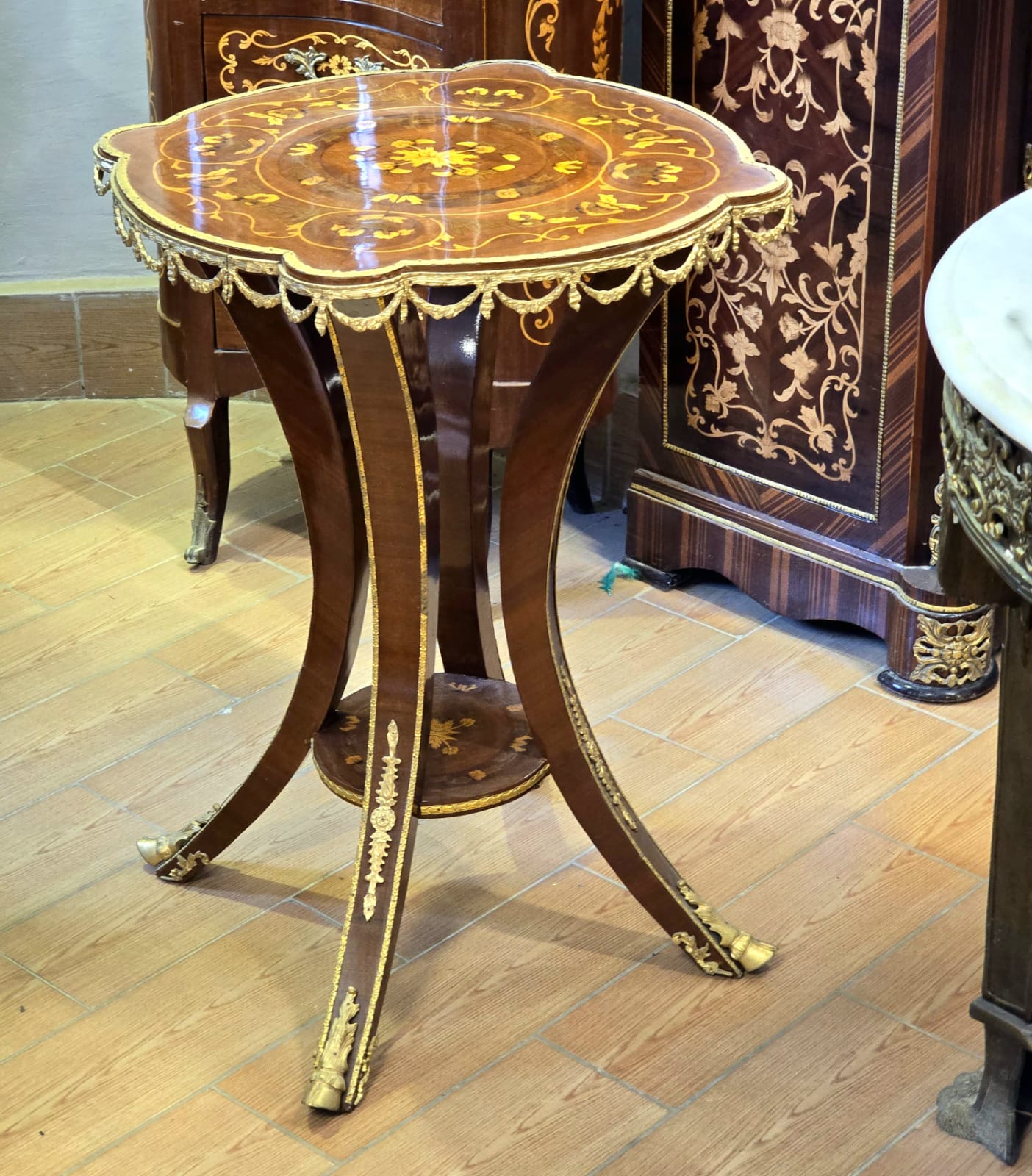 French Empire Center Table with Marquetry Inlay & Gilt Bronze Gallery