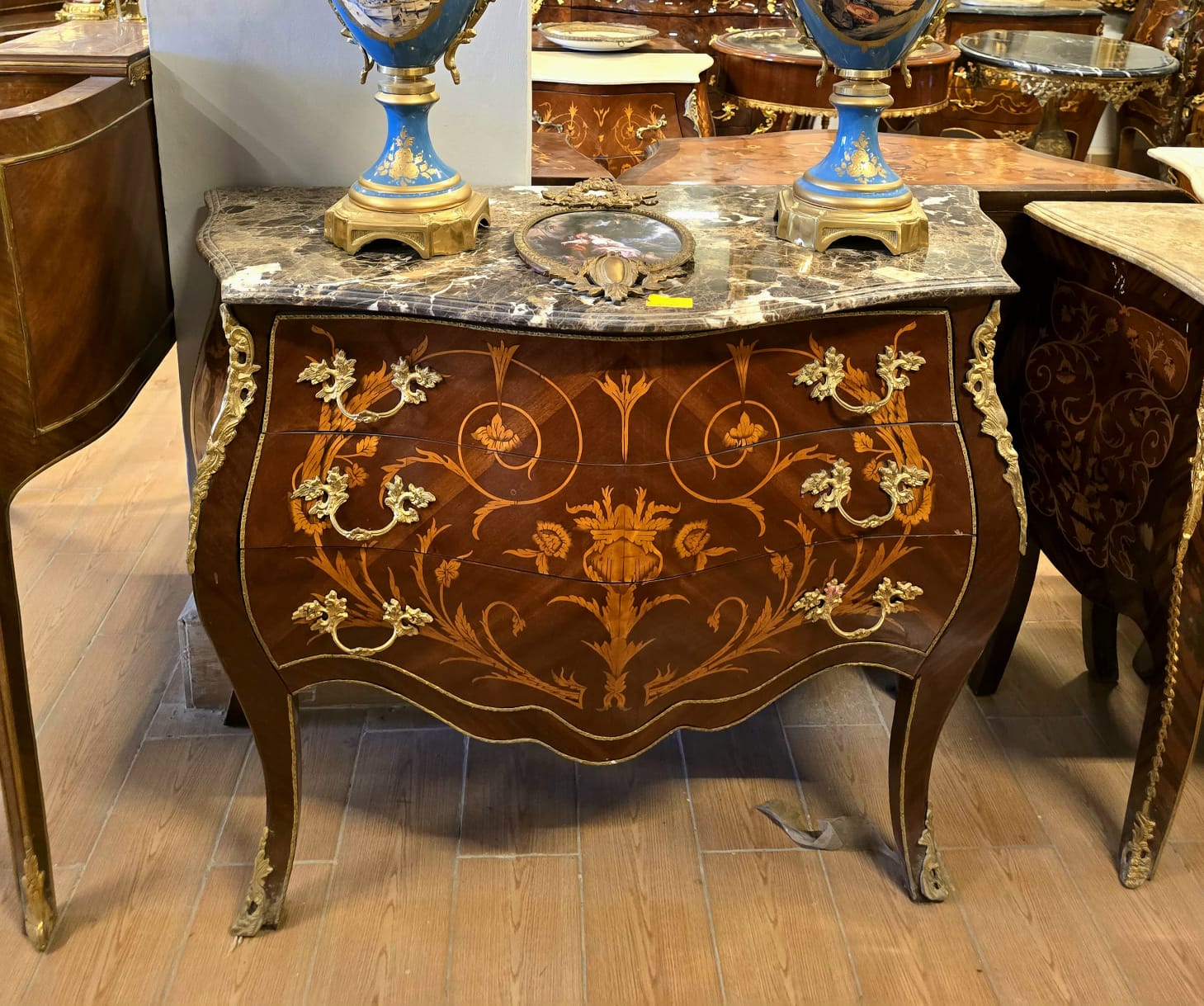 French Louis XV Bombe Commode with Floral Marquetry, Marble Top & Gilt Bronze Ormolu Mounts