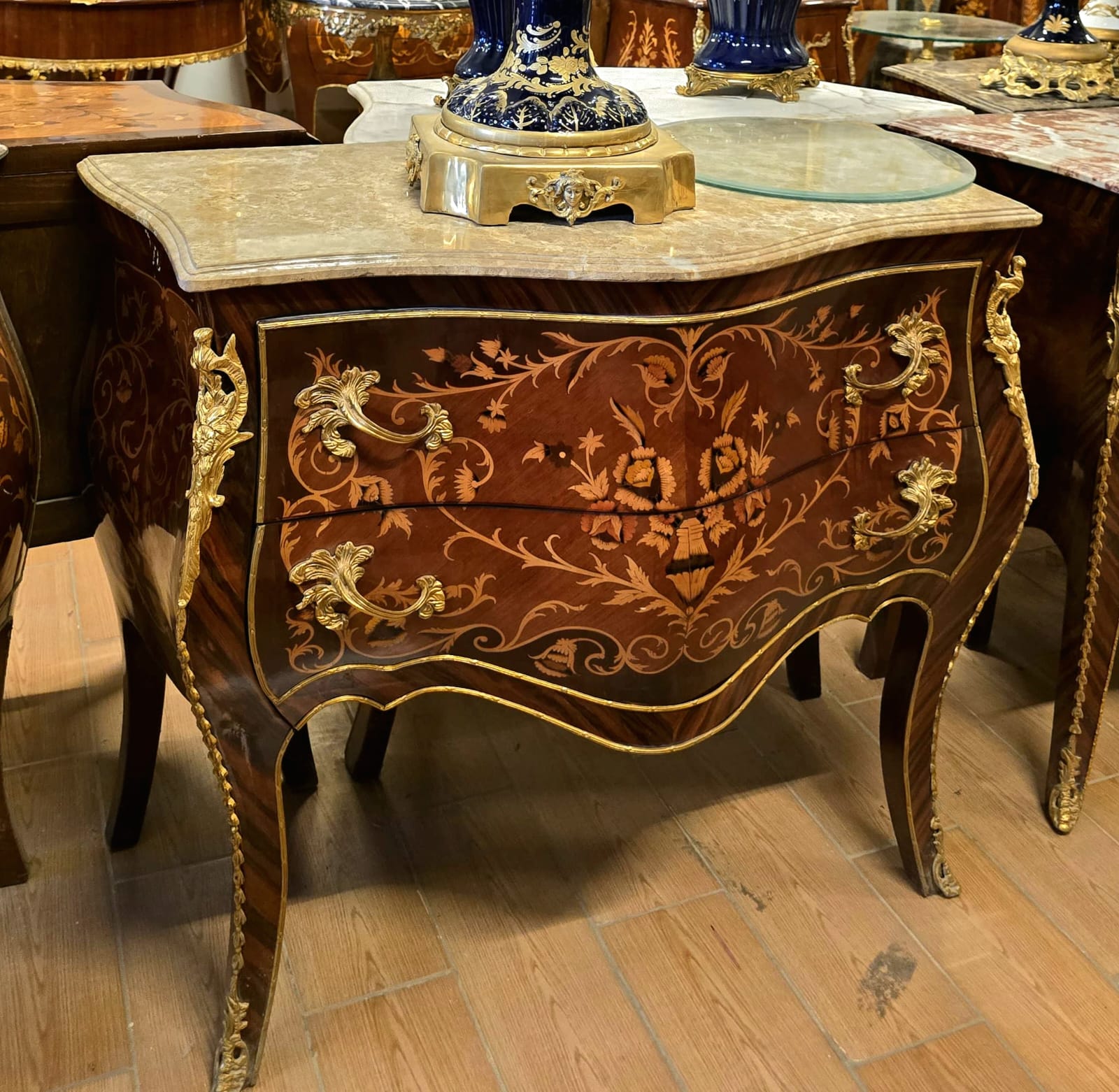 French Louis XV Bombe Chest with Marble Top & Floral Marquetry