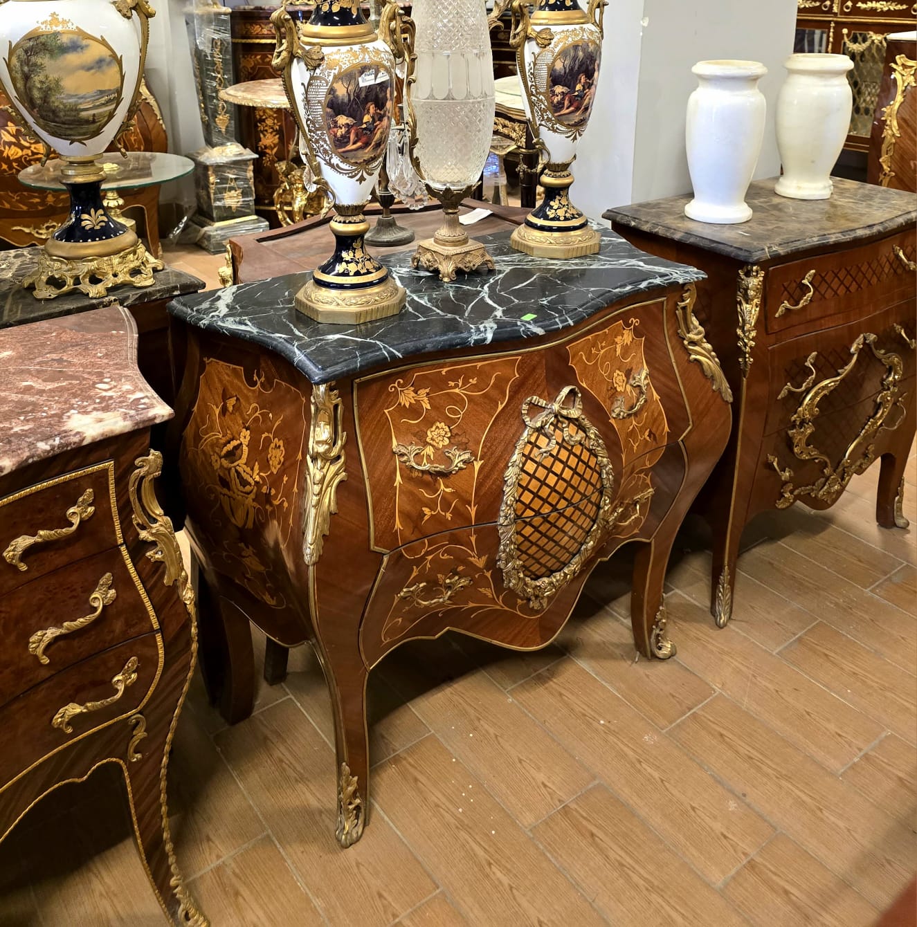 French Louis XV Marquetry Bombe Commode with Black Marble Top & Gilt Bronze Ormolu Mounts