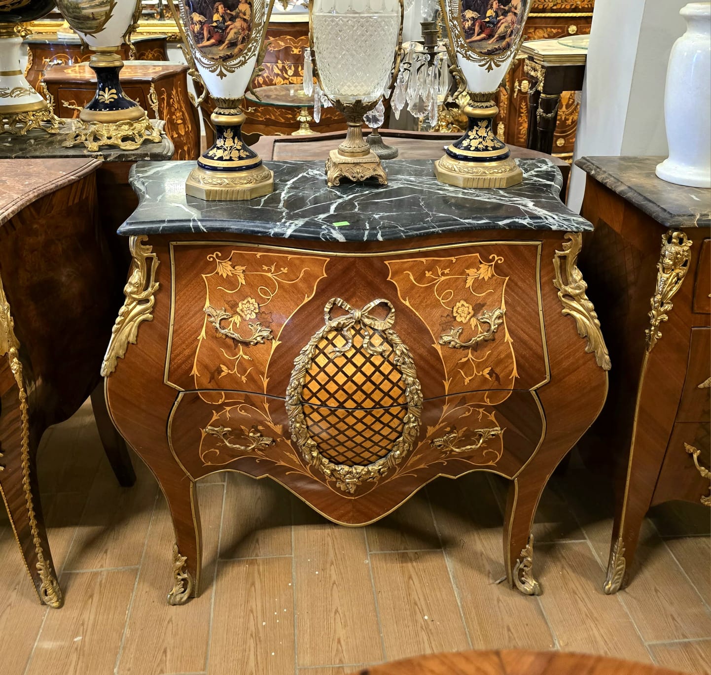 French Louis XV Marquetry Bombe Commode with Black Marble Top & Gilt Bronze Ormolu Mounts