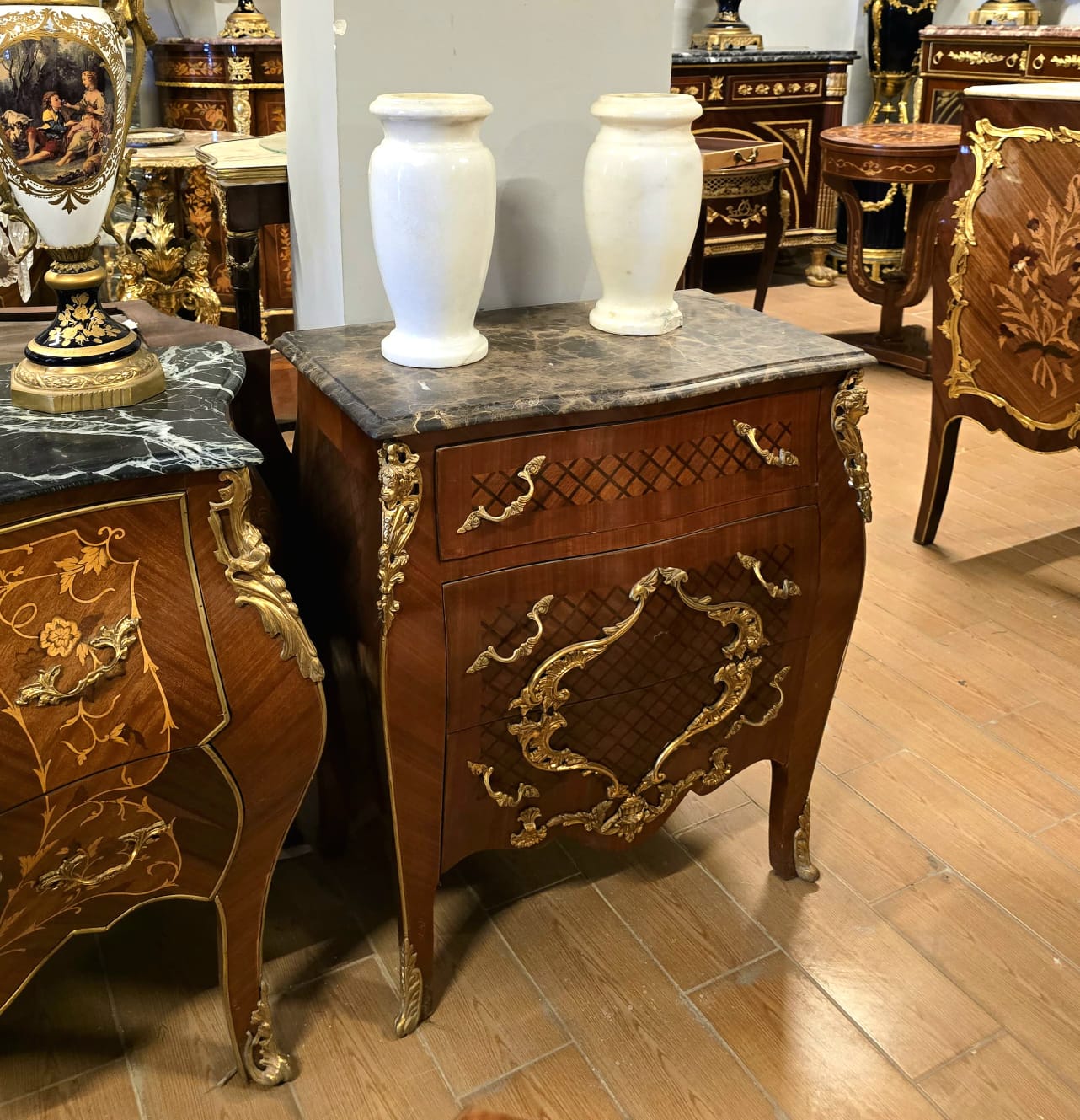French Louis XV Marble Top Nightstand with Gilt Bronze Mounts & Parquetry Inlay