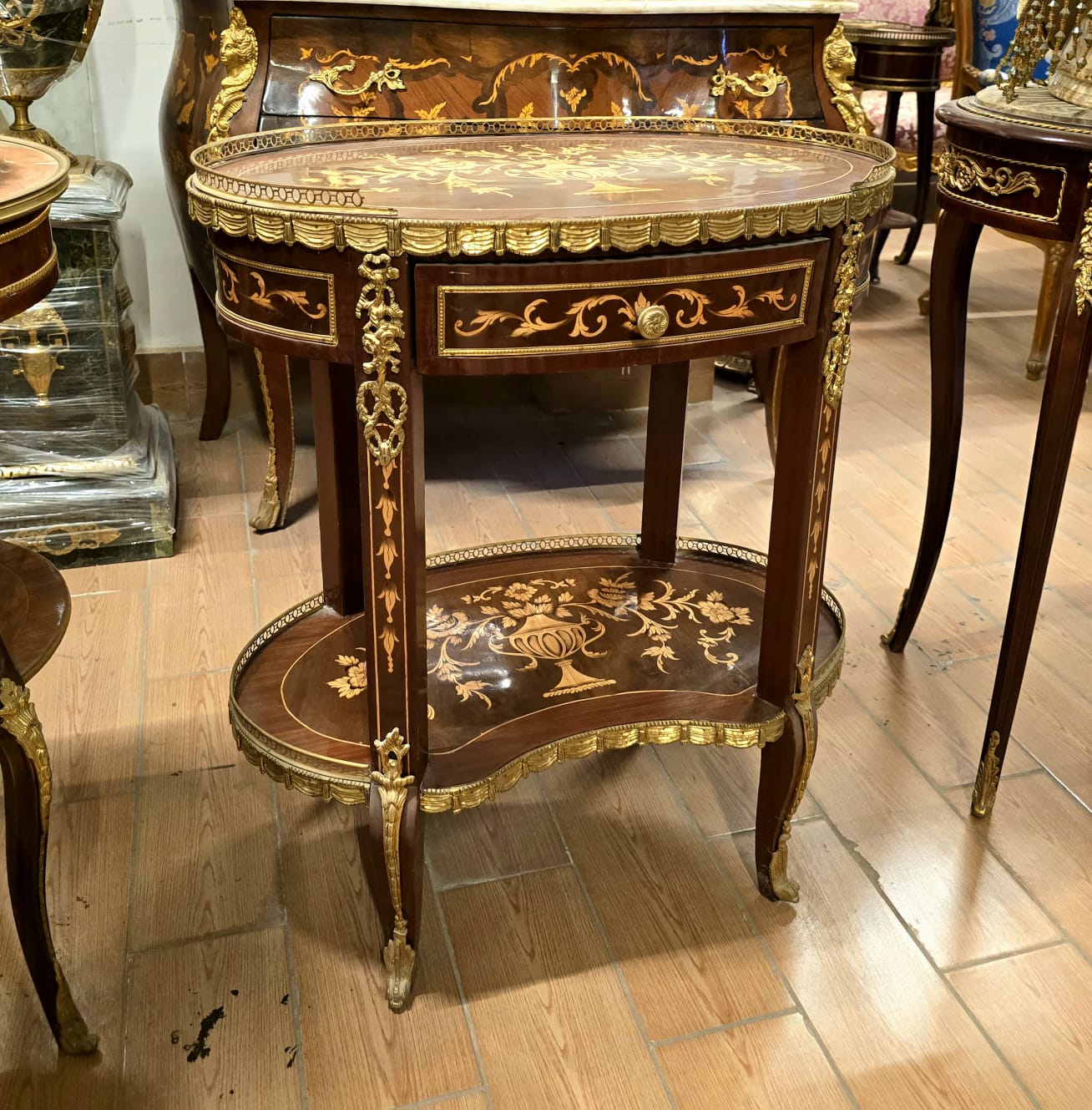 French Louis XV Inlaid Oval Side Table with Drawer, Brass Gallery & Lower Shelf