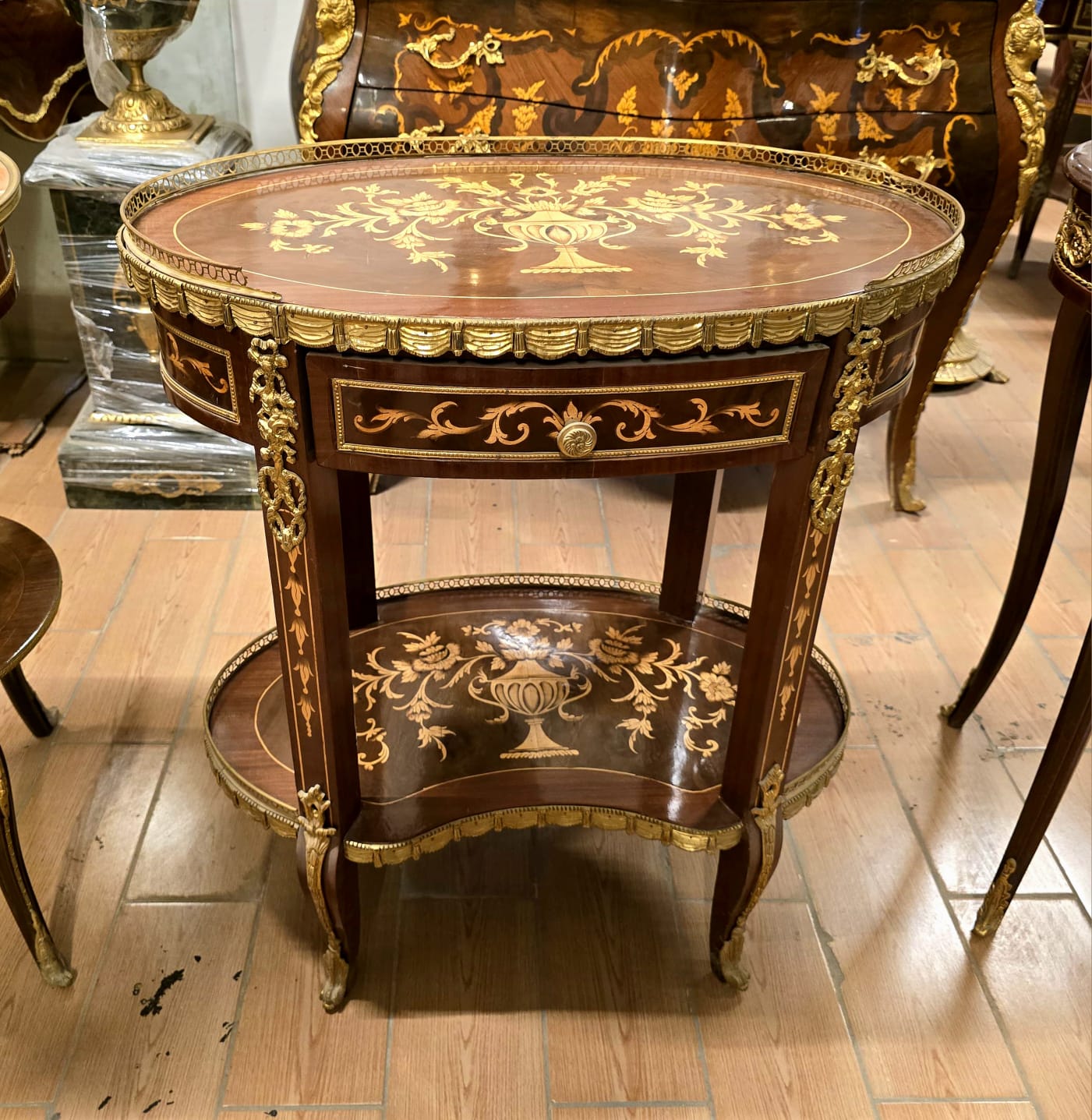 French Louis XV Inlaid Oval Side Table with Drawer, Brass Gallery & Lower Shelf