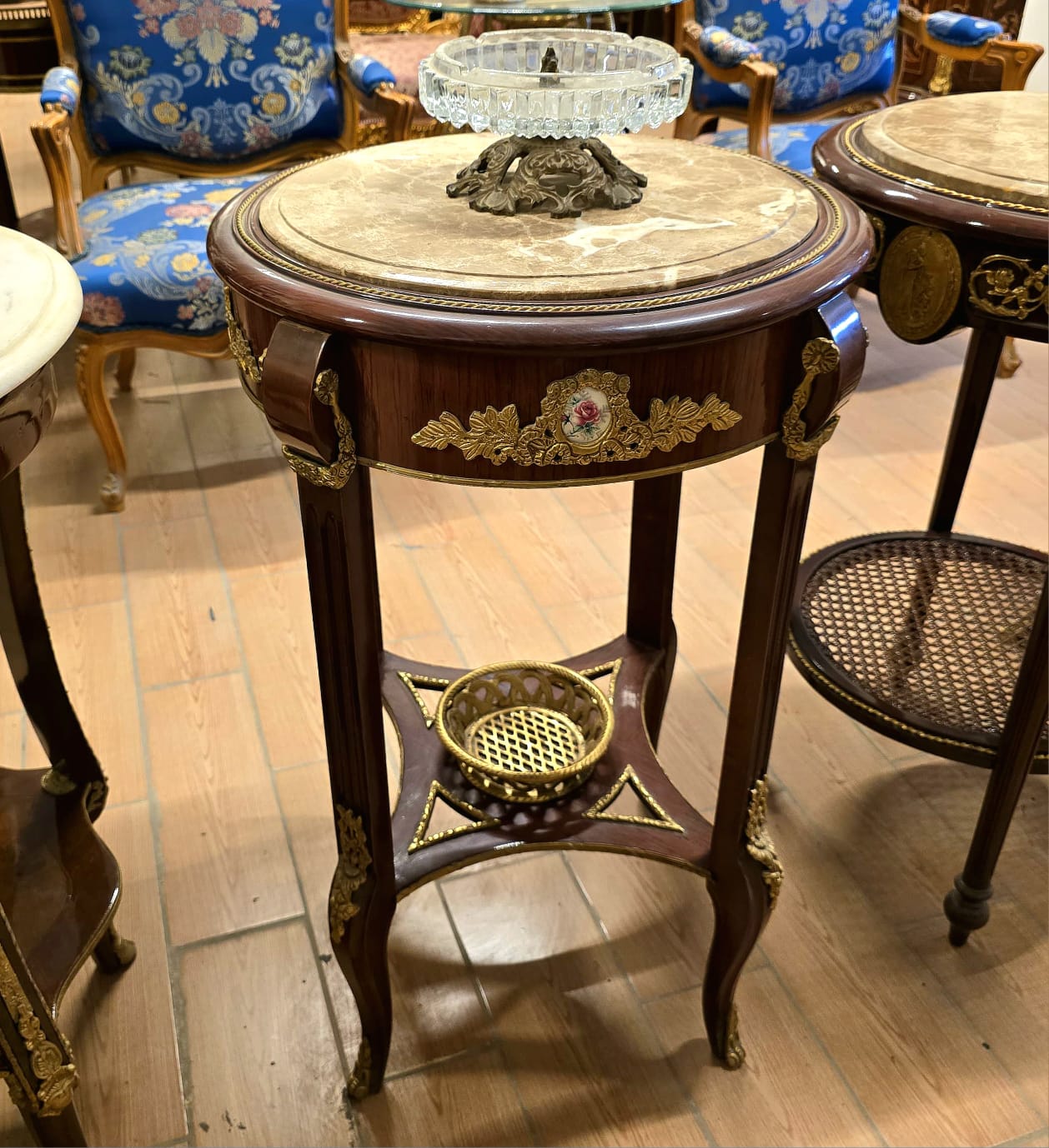 Louis XV Marble Top Side Table with Hand-Painted Floral Porcelain Medallion & Gilt Bronze Mounts