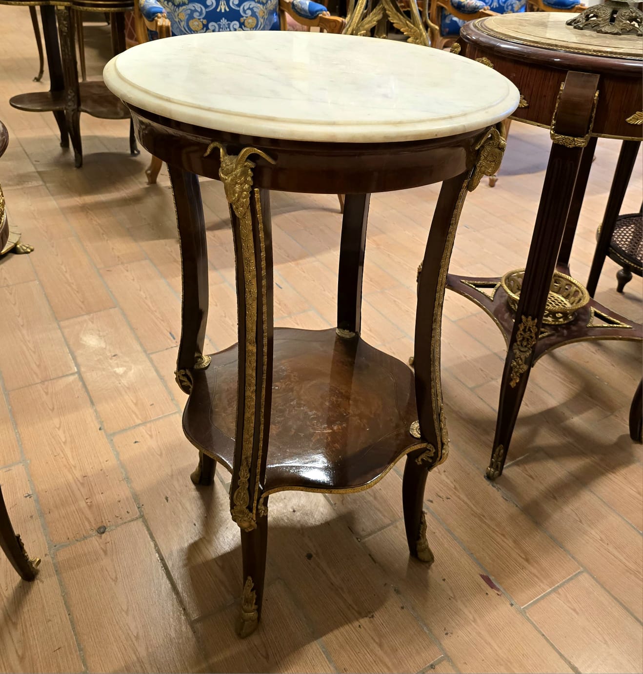 Louis XVI Marble Top Side Table with Gilt Bronze Mounts & Lower Display Shelf