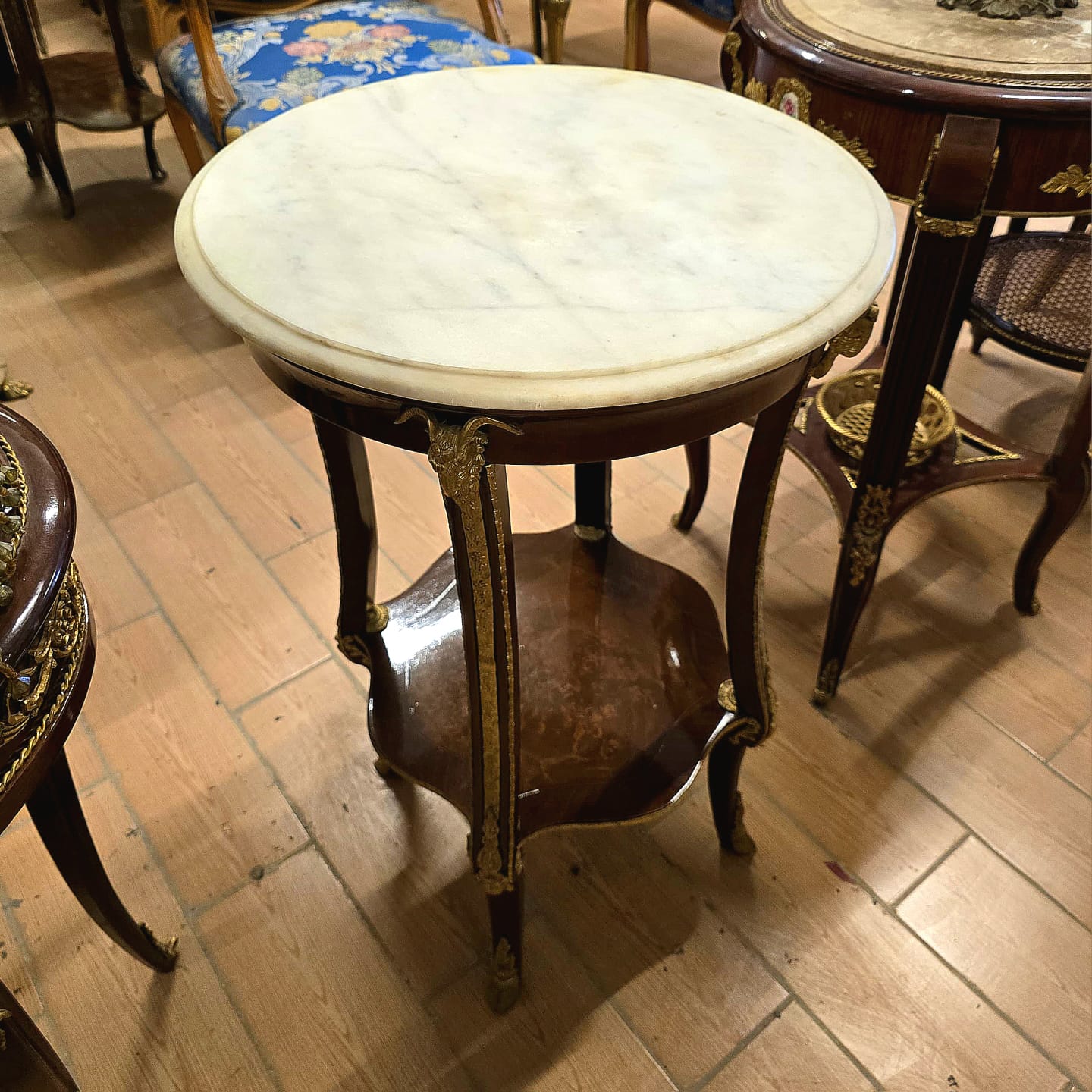 Louis XVI Marble Top Side Table with Gilt Bronze Mounts & Lower Display Shelf