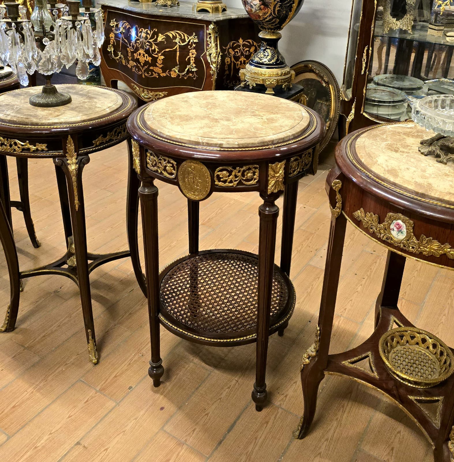 French Louis XVI Marble Top Side Table – Bronze Mounted Accent Table with Cane Shelf