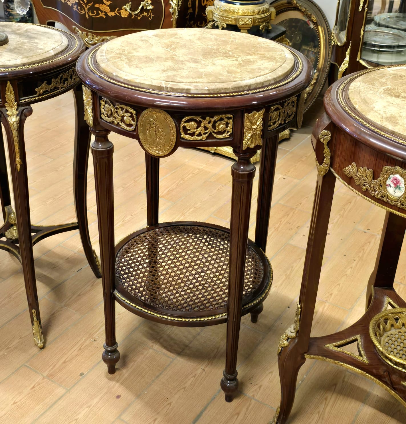 French Louis XVI Marble Top Side Table – Bronze Mounted Accent Table with Cane Shelf