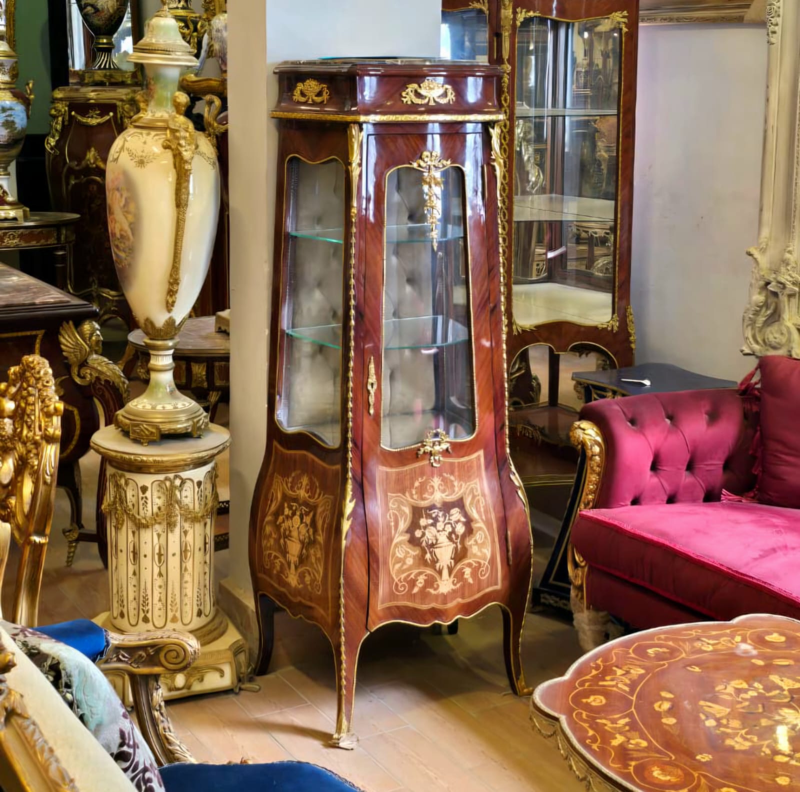 French Bombe Curio Cabinet with Glass Doors, Gold Leaf Accents & Floral Marquetry
